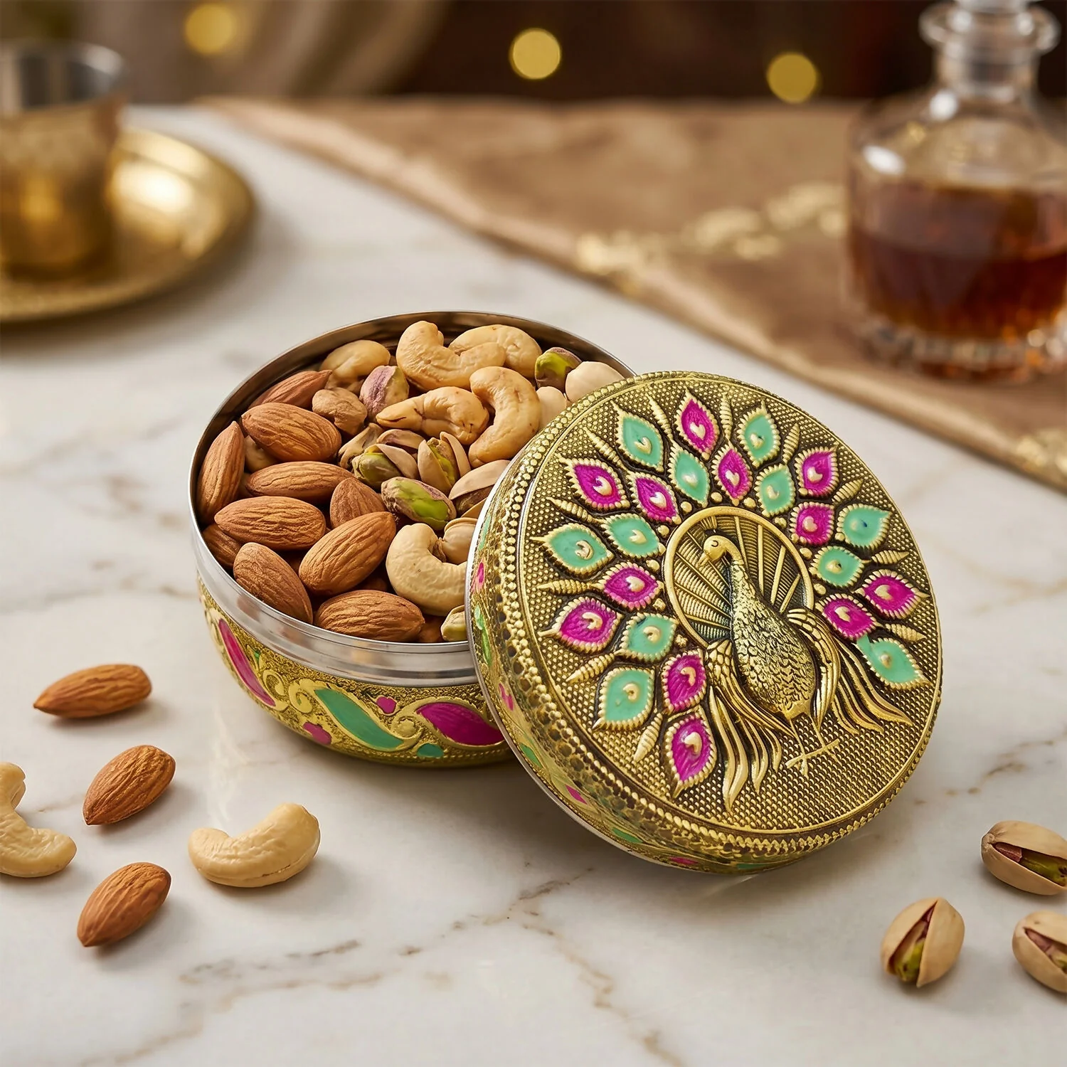Luxury Handcrafted Stainless Steel Storage Box with Gold Meena & Embossed Peacock Design Lid – Festive Gift Box - Image 3