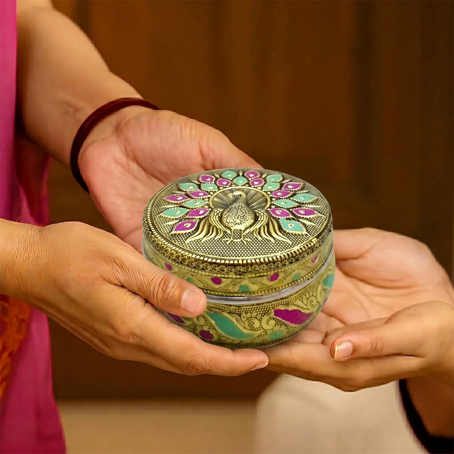 Luxury Handcrafted Stainless Steel Storage Box with Gold Meena & Embossed Peacock Design Lid – Festive Gift Box - Image 4