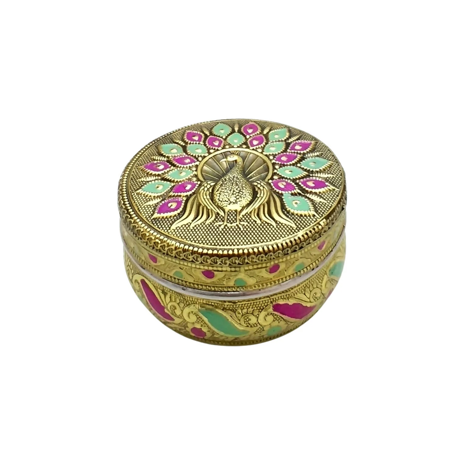 Luxury Handcrafted Stainless Steel Storage Box with Gold Meena & Embossed Peacock Design Lid – Festive Gift Box - Image 5