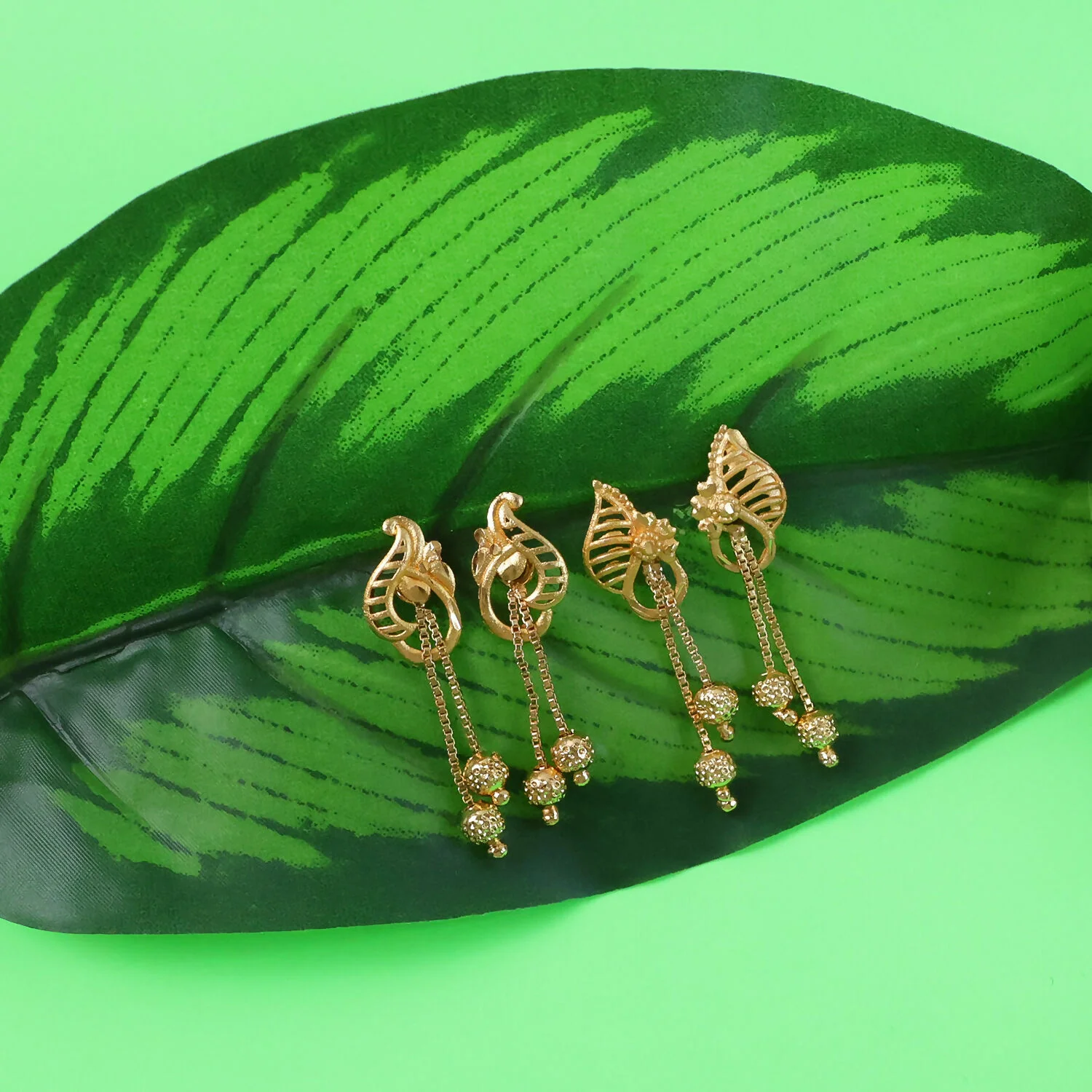 Luxury Inspired Gold Tone Designer Earrings Combo Set with Leaf and Swirl Drops (2 Pair) - Image 3