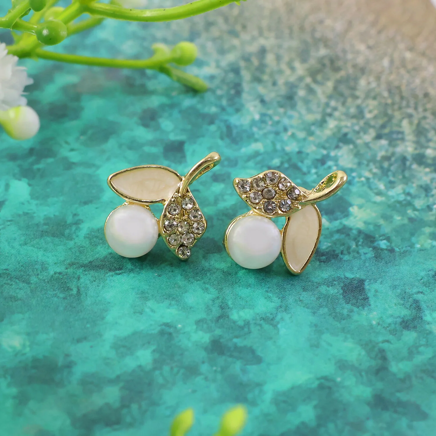 Luxury Korean Pearl Leaf Stud Earrings for Women & Girls – Premium Gold Plated Designer Jewellery - Image 2