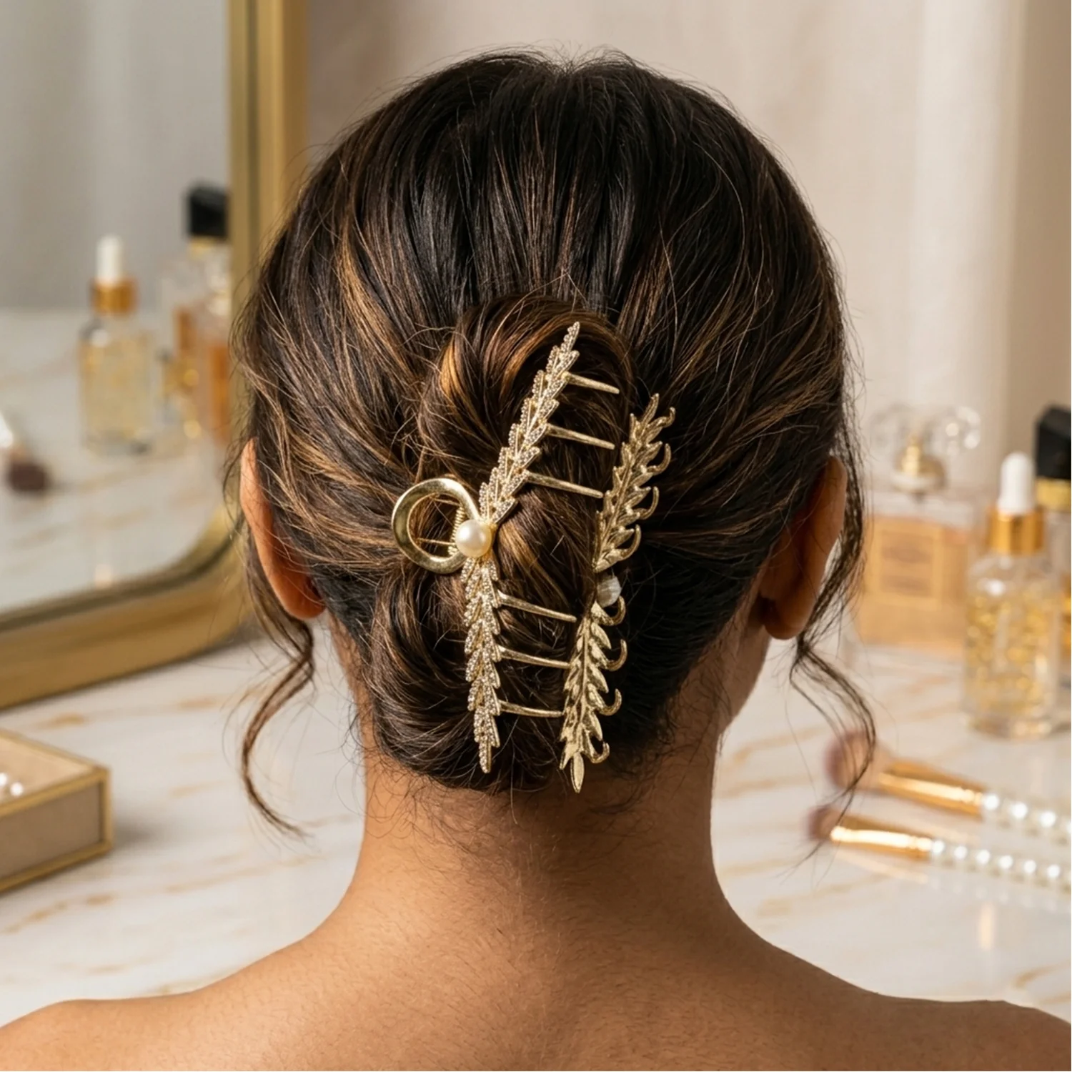 Luxury Leaf Design Pearl Hair Claw Clip for Women (1 Pc) - Image 3
