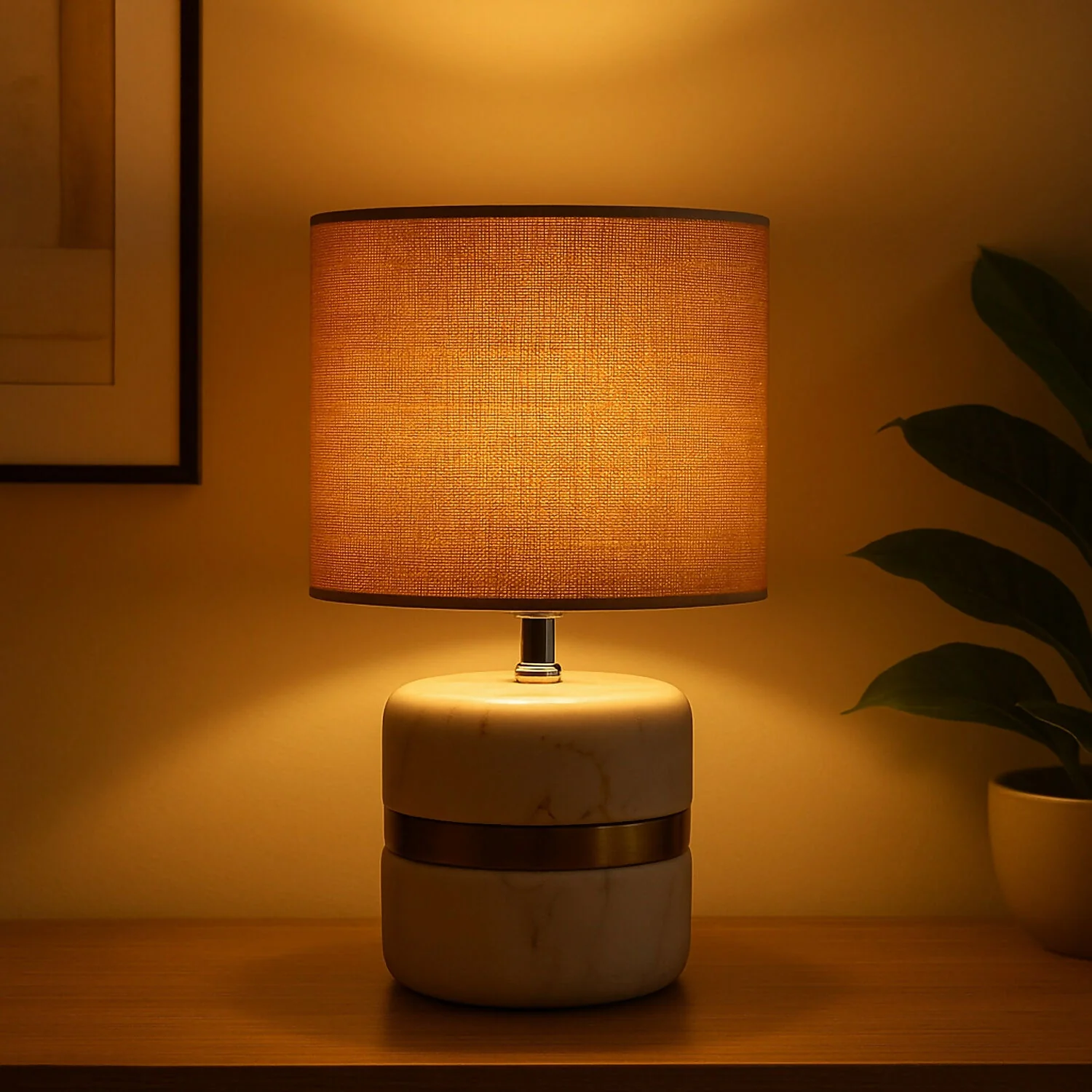 Luxury Marble Base Table Lamp with Warm Fabric Shade Decorative Bedside Room - Image 2