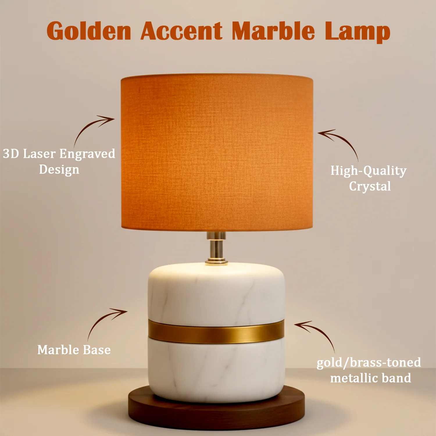 Luxury Marble Base Table Lamp with Warm Fabric Shade Decorative Bedside Room - Image 4