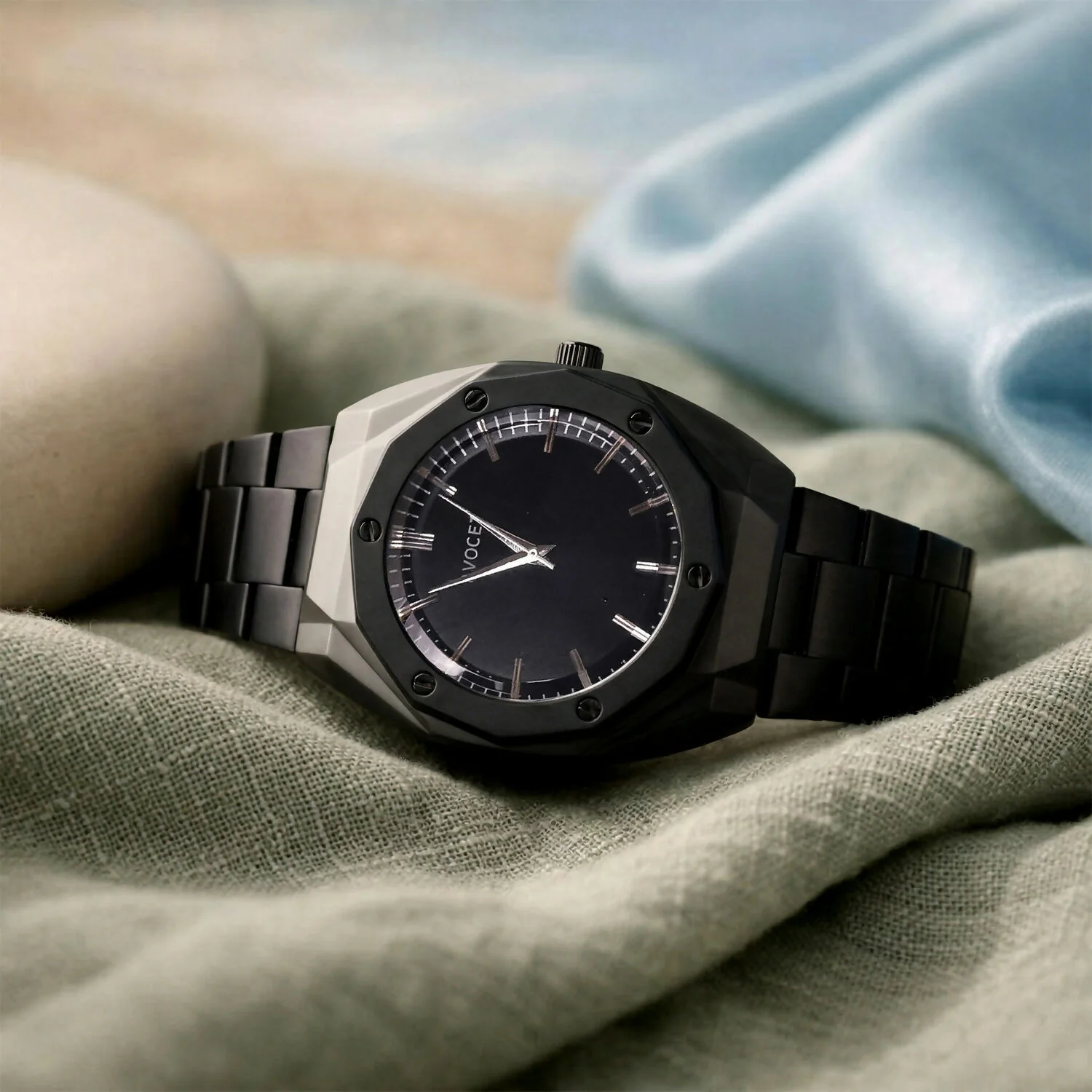 Luxury Matte Black Analog Watch with Geometric Dial Design & Metal Strap - Image 3