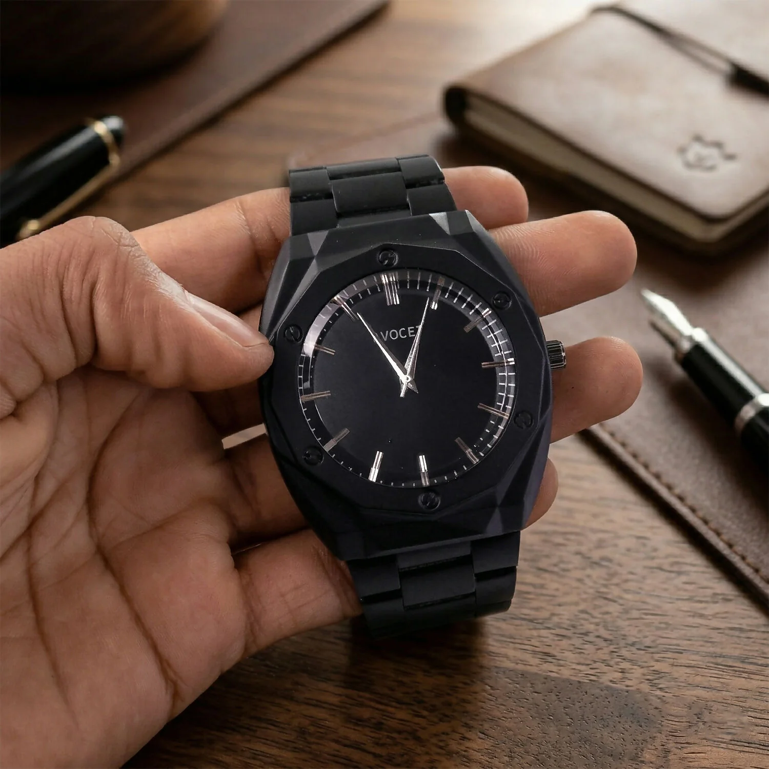 Luxury Matte Black Analog Watch with Geometric Dial Design & Metal Strap - Image 6