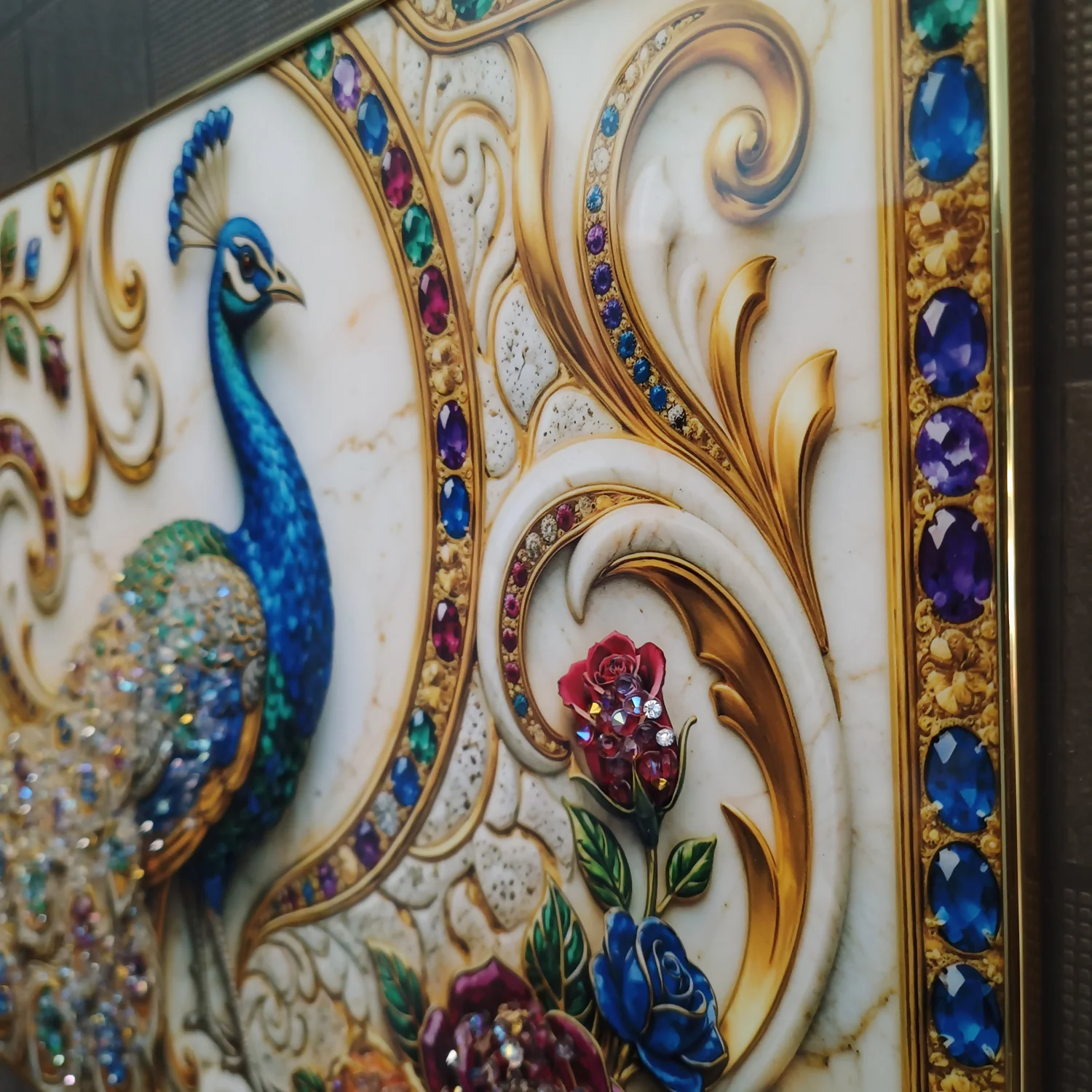 Luxury Peacock Wall Art Frame with Floral Gem Design Home Decor - Image 4