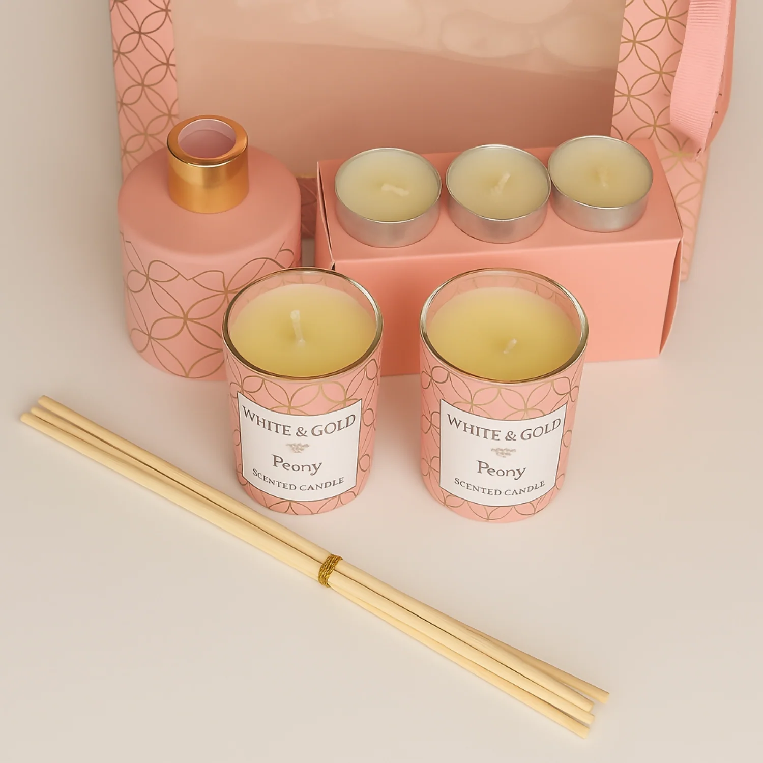 Luxury Peony Fragrance Gift Set with Scented Candle, Reed Diffuser & Tealights - Image 3