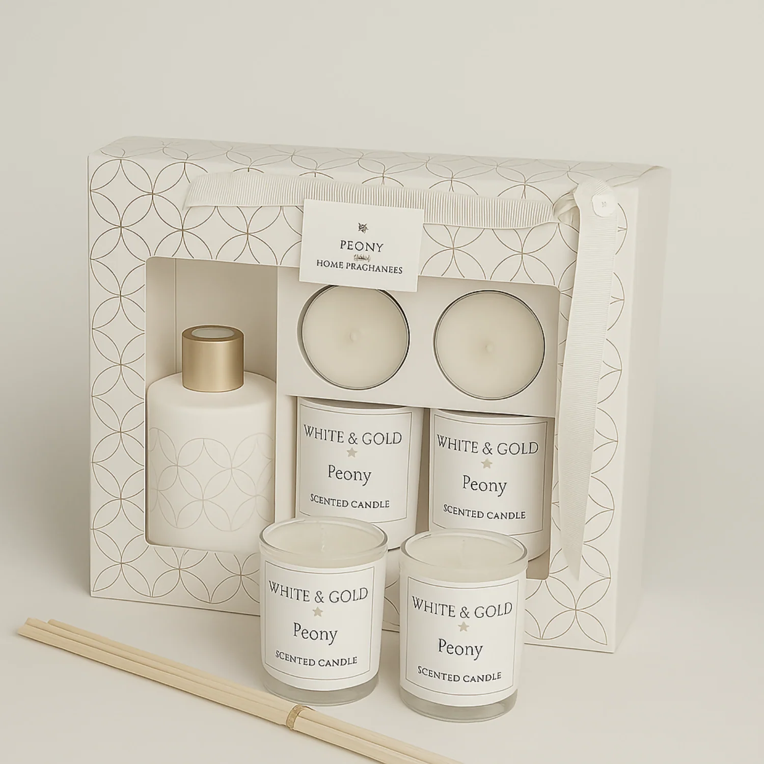 Luxury Peony Fragrance Gift Set with Scented Candle, Reed Diffuser & Tealights - Image 4