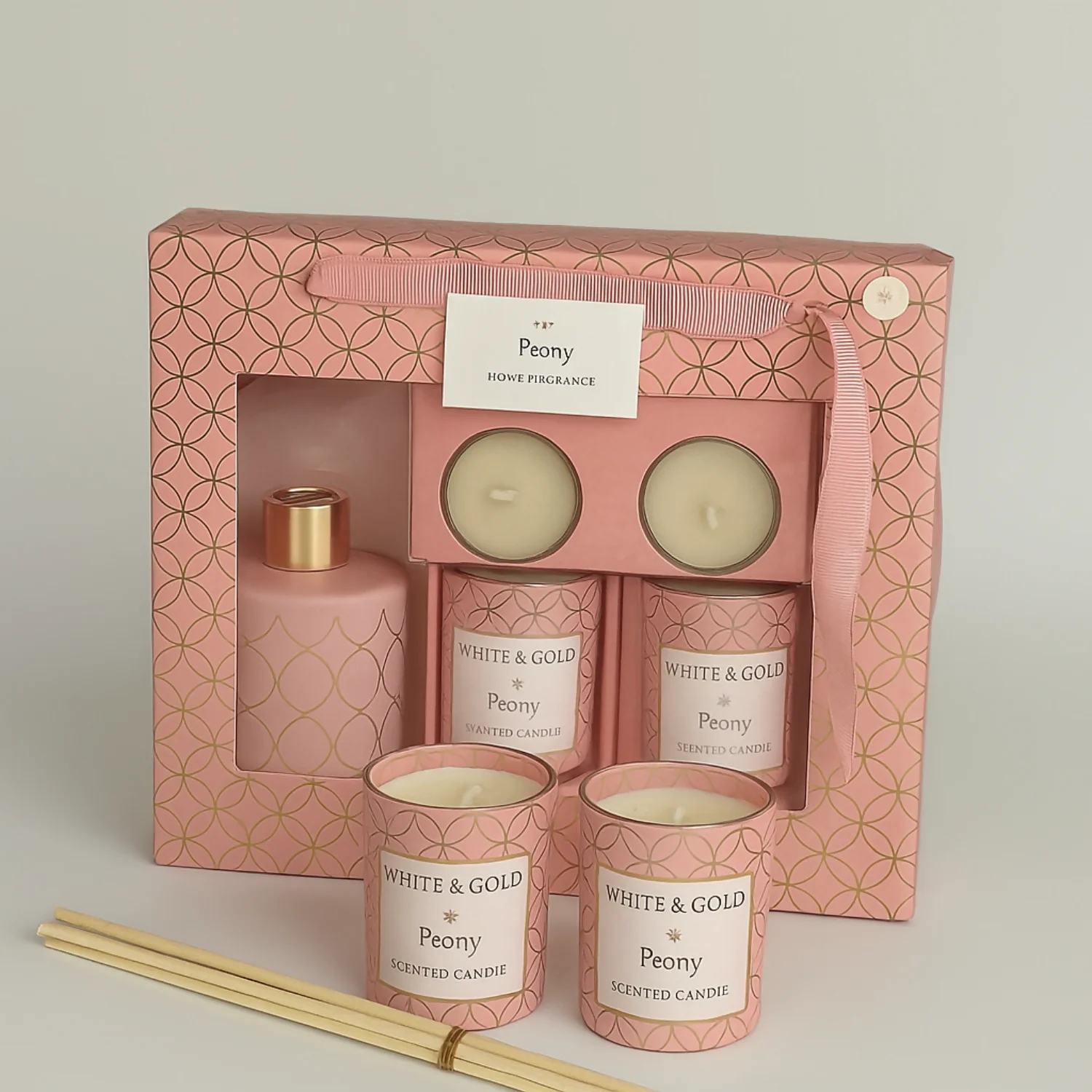 Luxury Peony Fragrance Gift Set with Scented Candle, Reed Diffuser & Tealights - Image 5