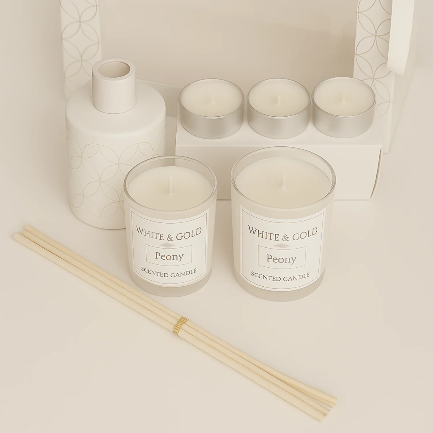 Luxury Peony Fragrance Gift Set with Scented Candle, Reed Diffuser & Tealights - Image 6