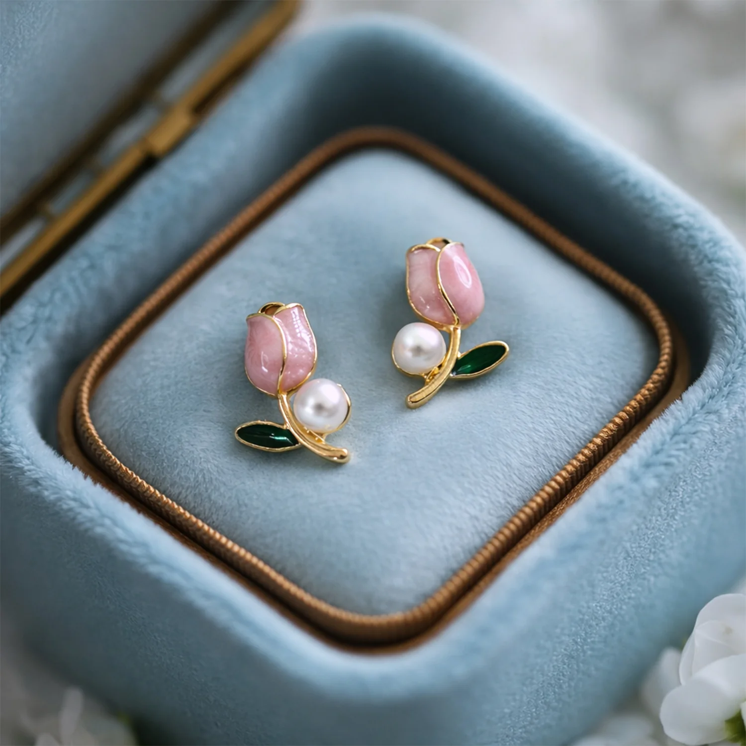 Luxury Pink Tulip Pearl Stud Earrings for Women & Girls – Gold Plated Floral Designer Earrings - Image 2