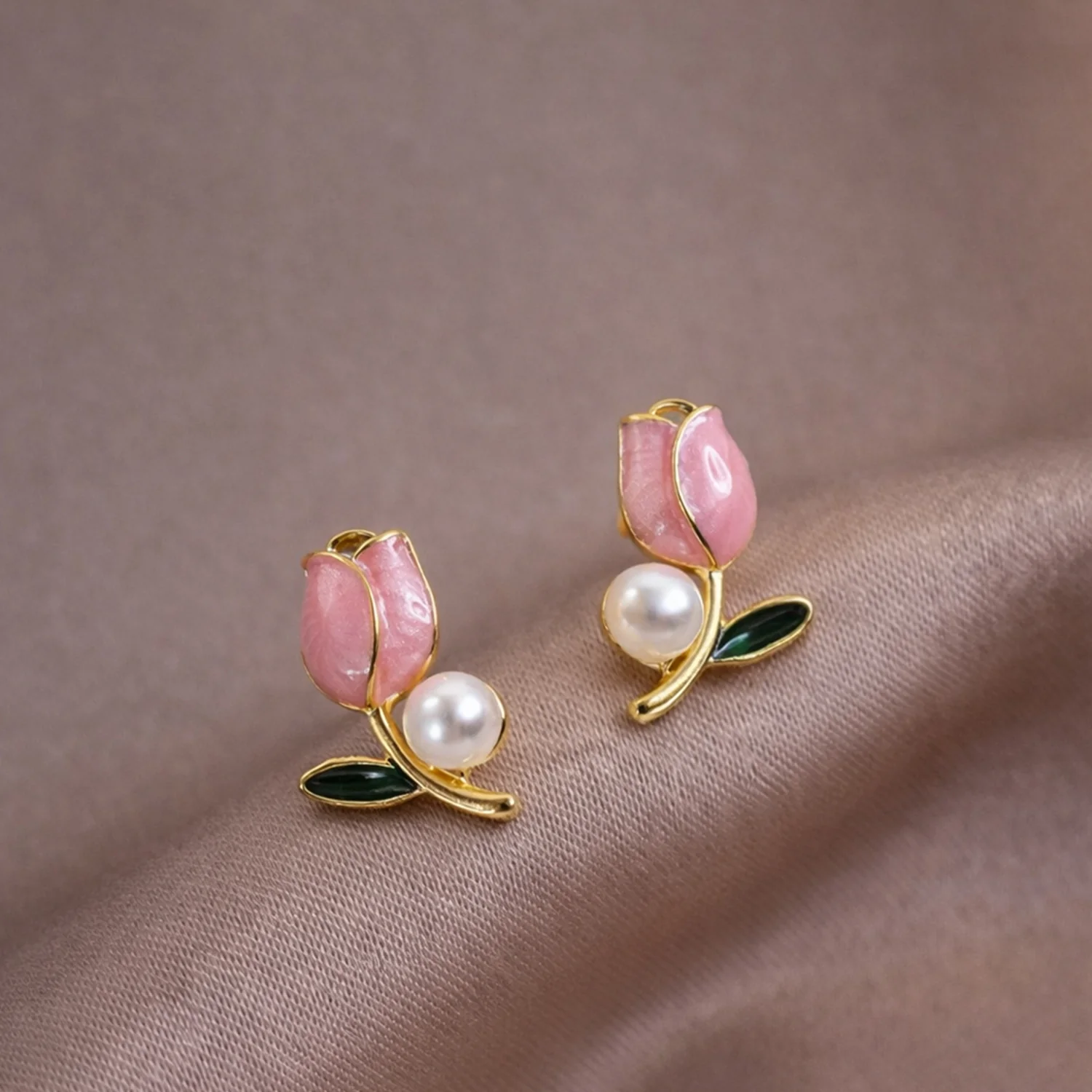 Luxury Pink Tulip Pearl Stud Earrings for Women & Girls – Gold Plated Floral Designer Earrings - Image 3