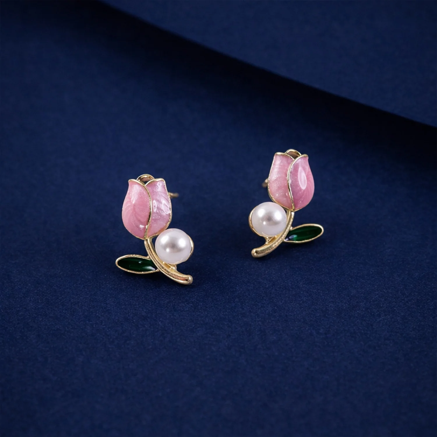 Luxury Pink Tulip Pearl Stud Earrings for Women & Girls – Gold Plated Floral Designer Earrings - Image 4