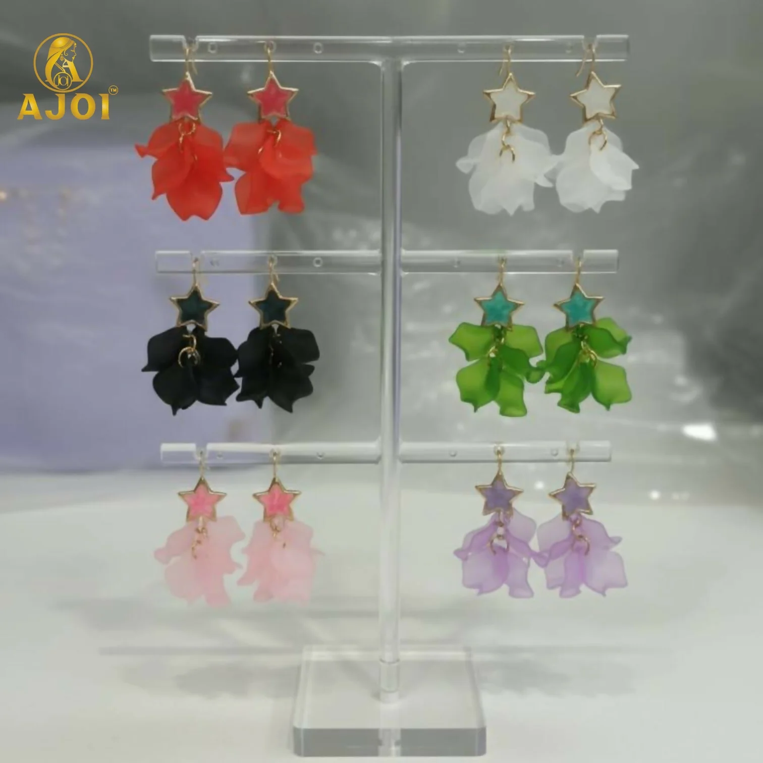 Luxury Star-Top Floral Drop Earrings with Soft Matte Petal Layers - Image 3