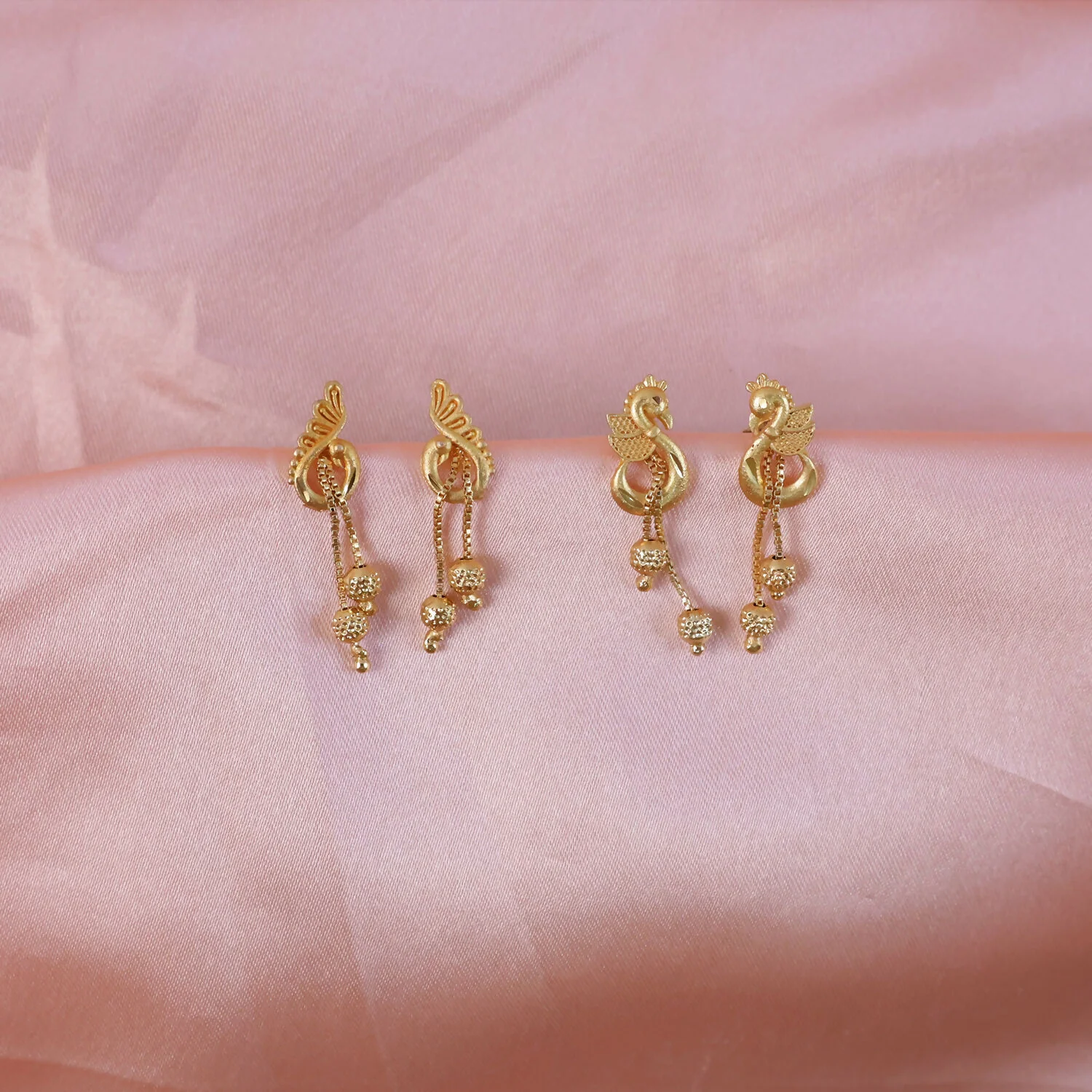 Luxury Swan Motif Gold Dangle Earrings with Cascading Chain Beads for Women (2 Pair) - Image 2
