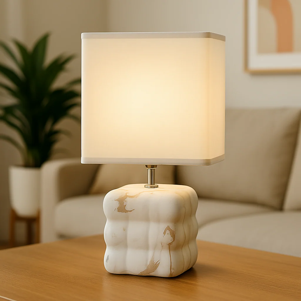 Luxury White Marble-Texture Ceramic Table Lamp with Square Fabric Shade - Image 2
