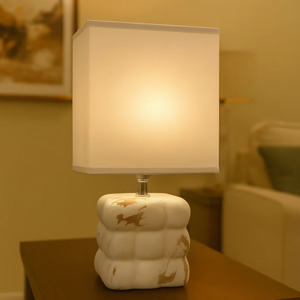 Luxury White Marble-Texture Ceramic Table Lamp with Square Fabric Shade - Image 3