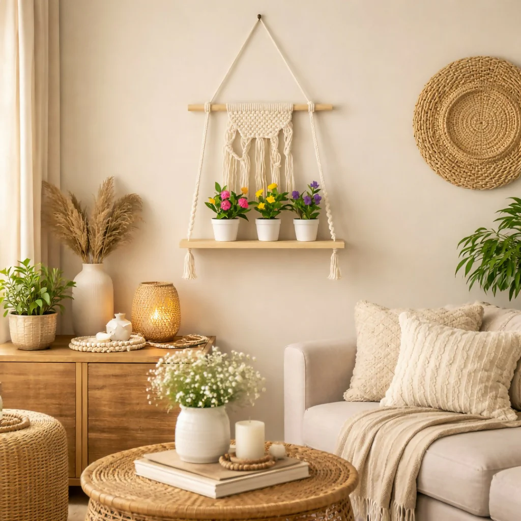 Macrame Hanging Wooden Shelf Wall Decor Display Rack with Rope - Image 2