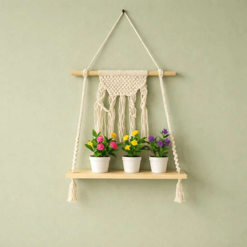 Macrame Hanging Wooden Shelf Wall Decor Display Rack with Rope - Image 3
