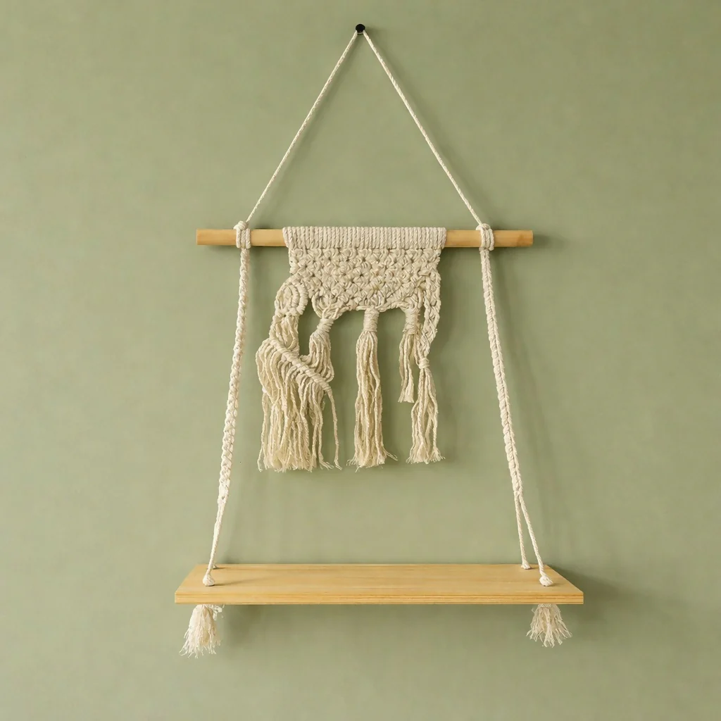 Macrame Hanging Wooden Shelf Wall Decor Display Rack with Rope - Image 4