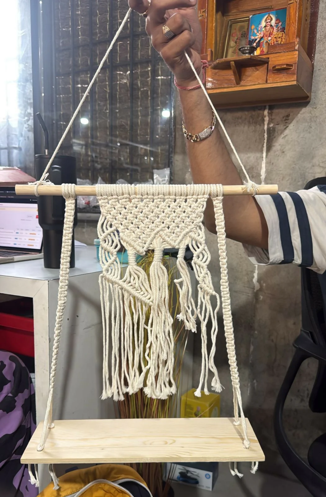 Macrame Hanging Wooden Shelf Wall Decor Display Rack with Rope - Image 5