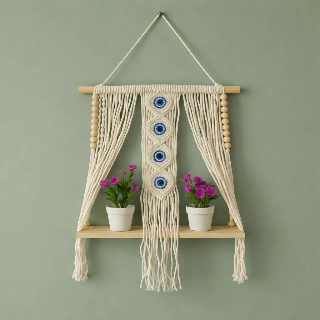 Macrame Wall Hanging Shelf with Evil Eye Decor for Home - Image 2