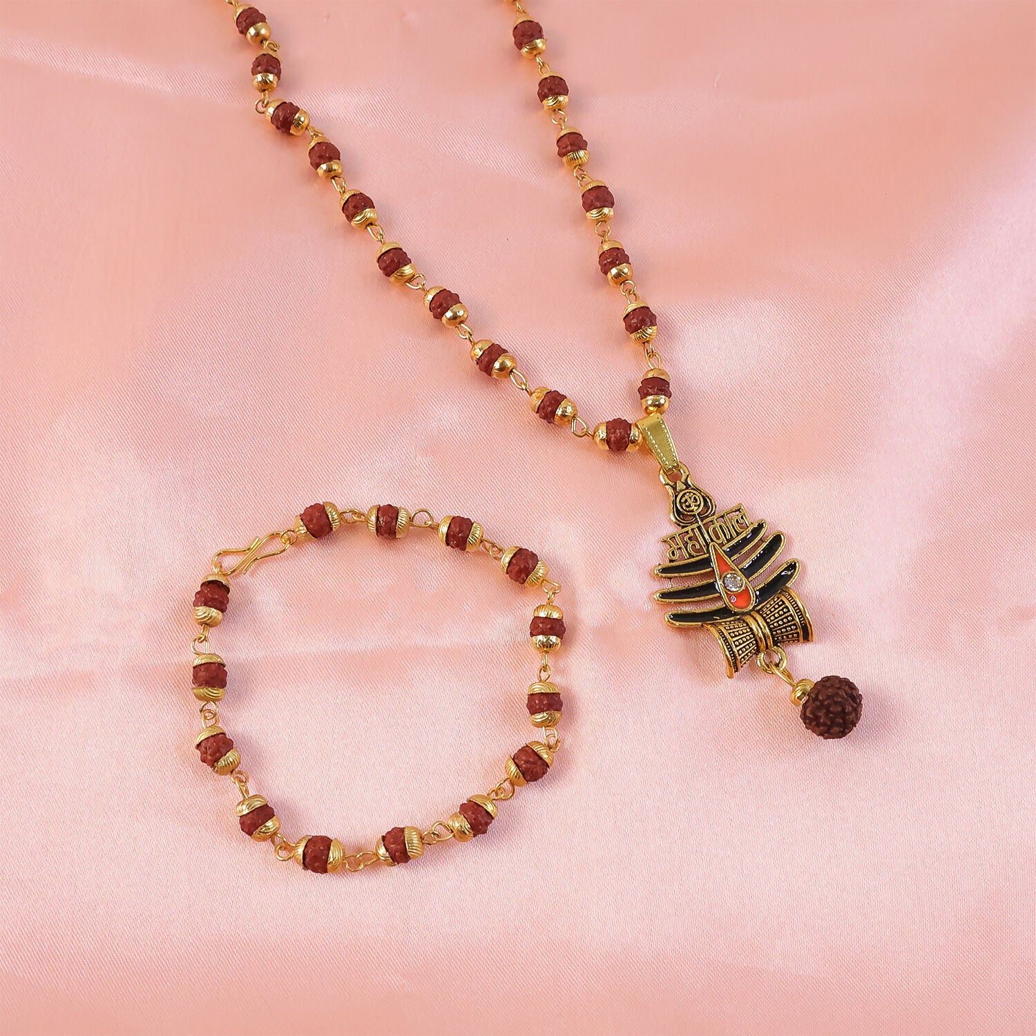 Mahakal Trishul Pendant With Rudraksha Mala & Bracelet Combo