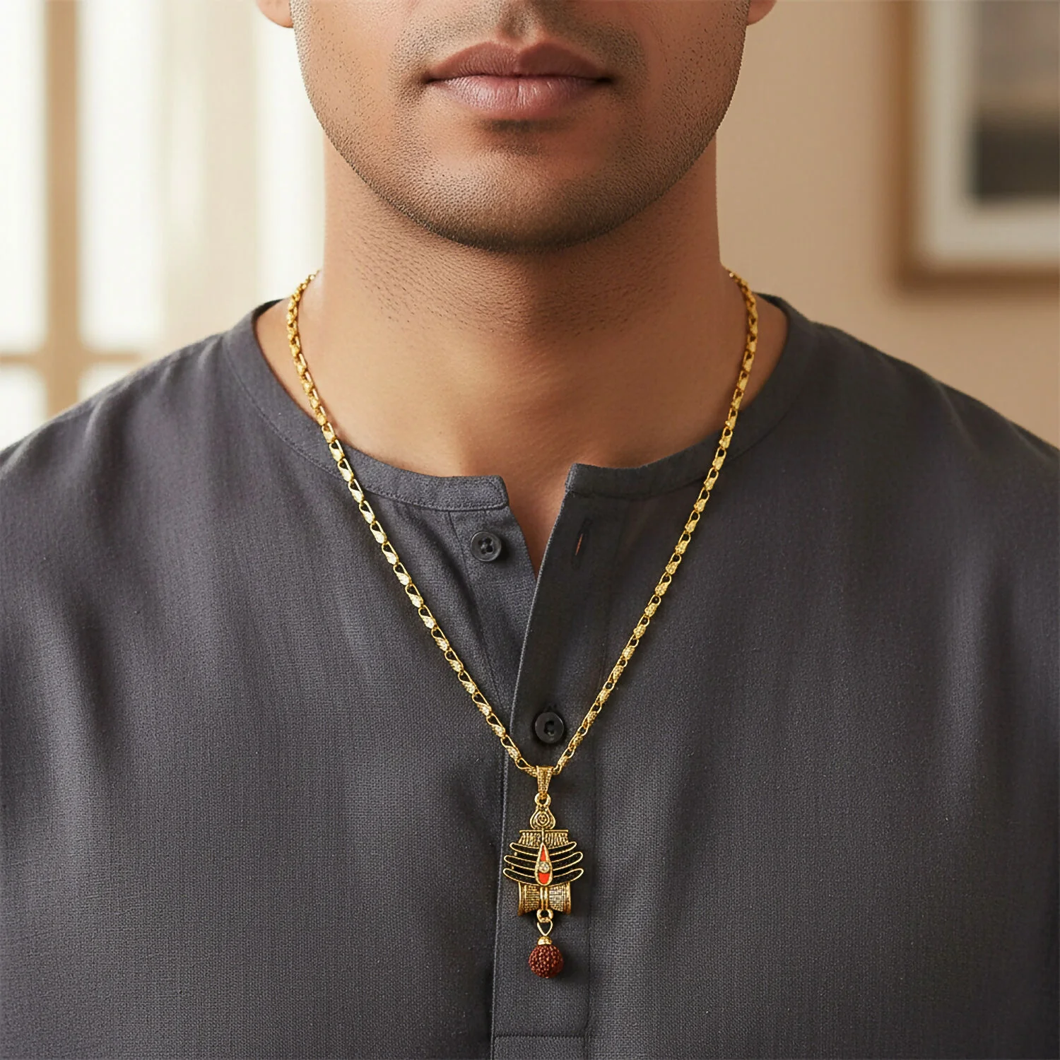 Mahakal Trishul Rudraksha Pendant Gold Chain Necklace - Image 2