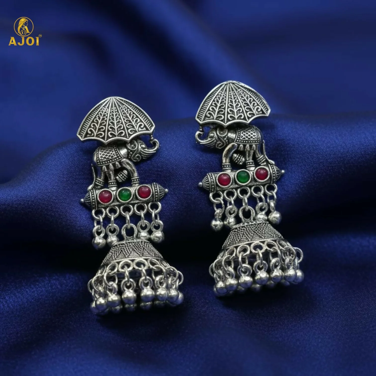 Maharaja Elephant Motif Oxidized Silver Jhumka Earrings - Image 3