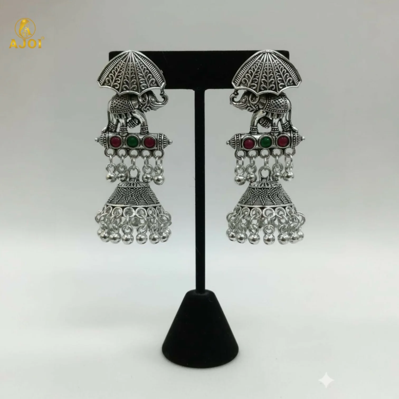 Maharaja Elephant Motif Oxidized Silver Jhumka Earrings - Image 4
