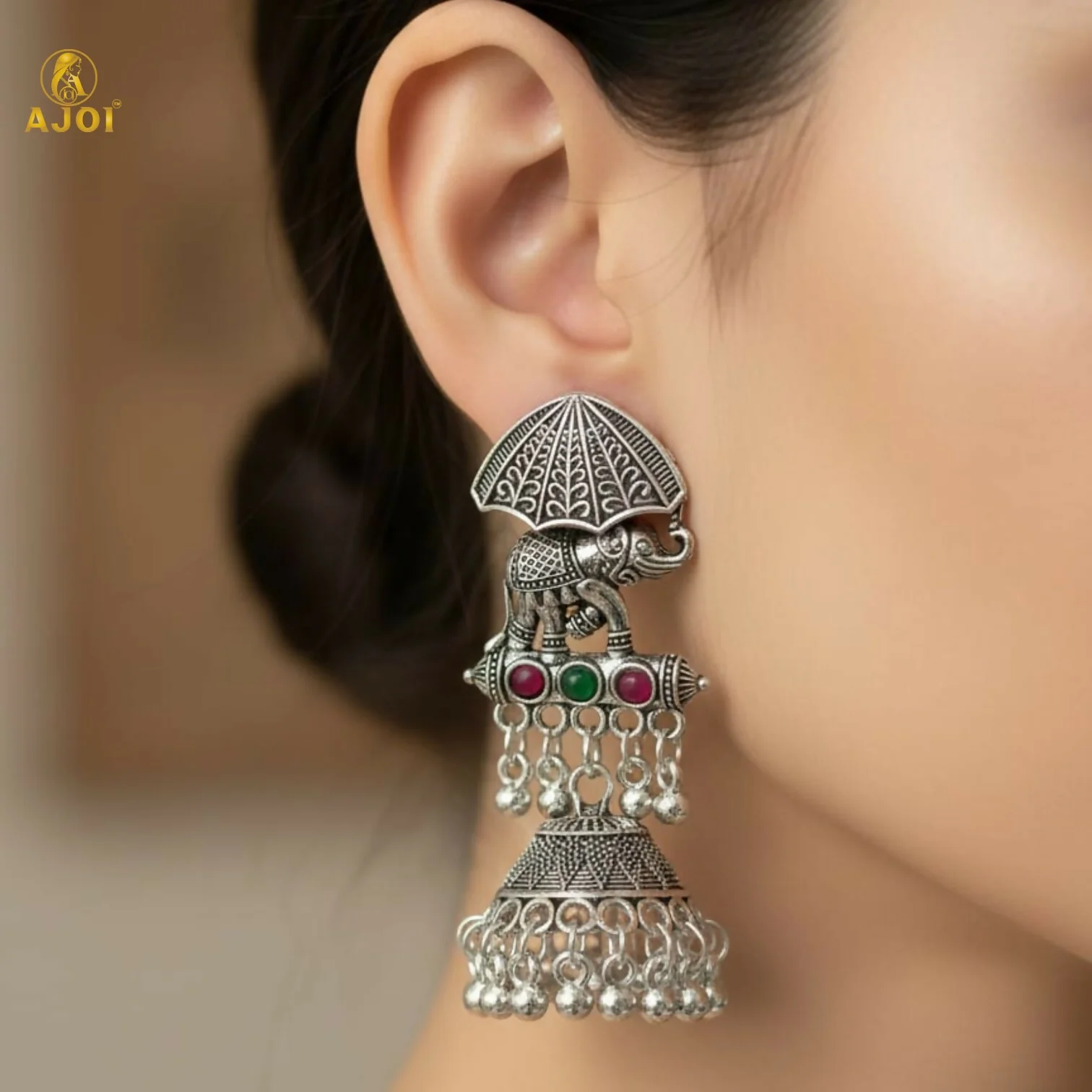 Maharaja Elephant Motif Oxidized Silver Jhumka Earrings - Image 5