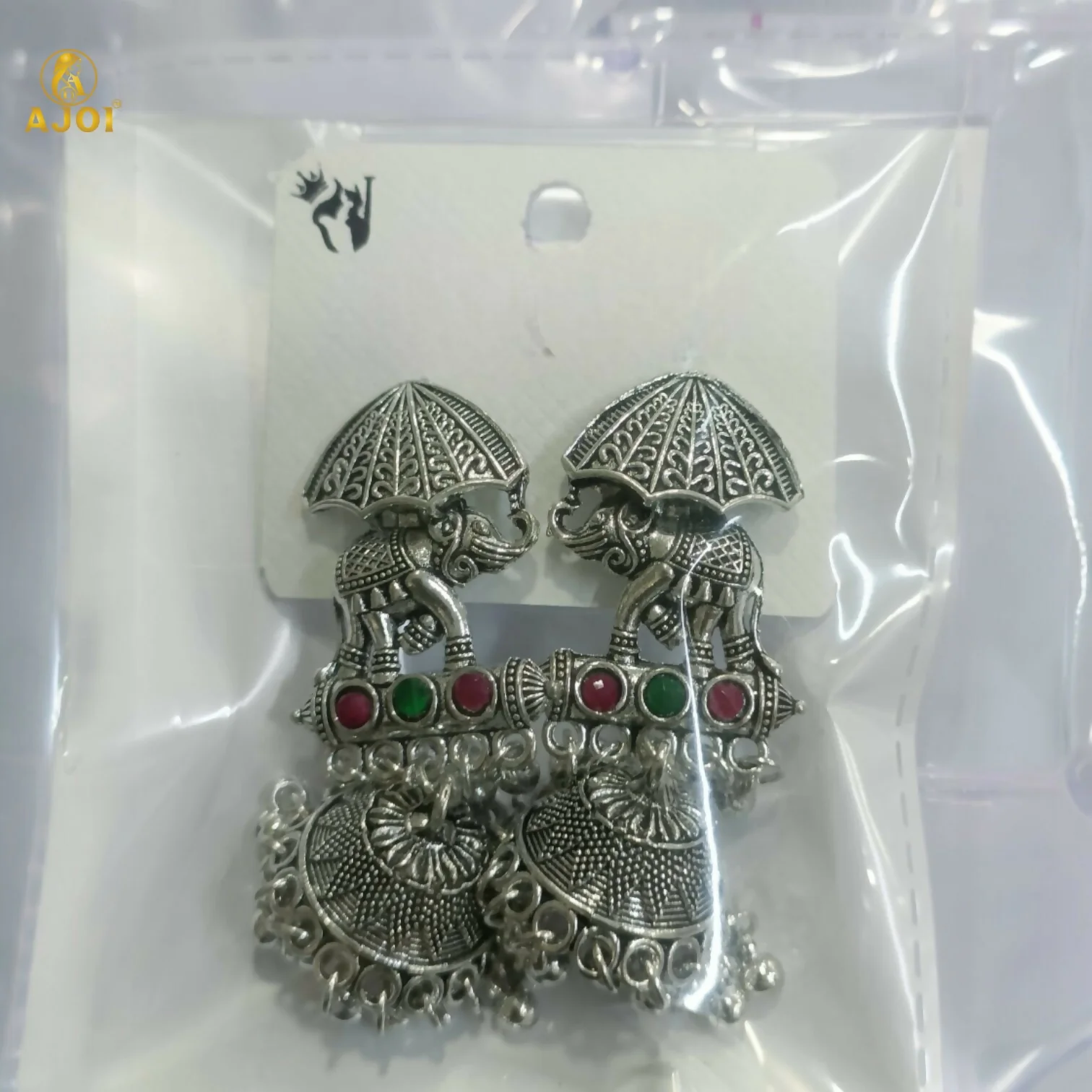 Maharaja Elephant Motif Oxidized Silver Jhumka Earrings - Image 6