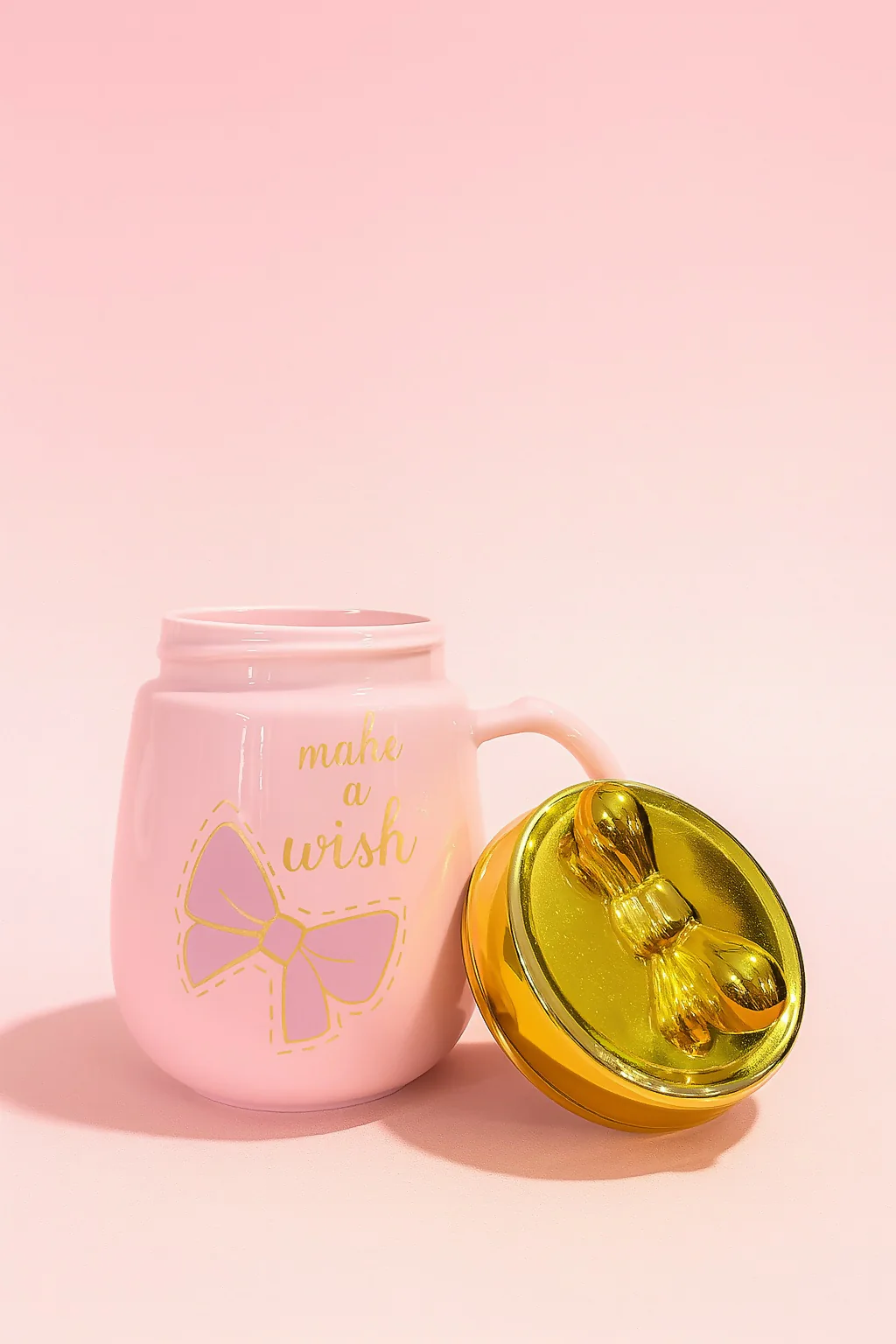 Make a Wish Pink Ceramic Coffee Mug with Golden Lid and Bow Design – 350ml - Image 2