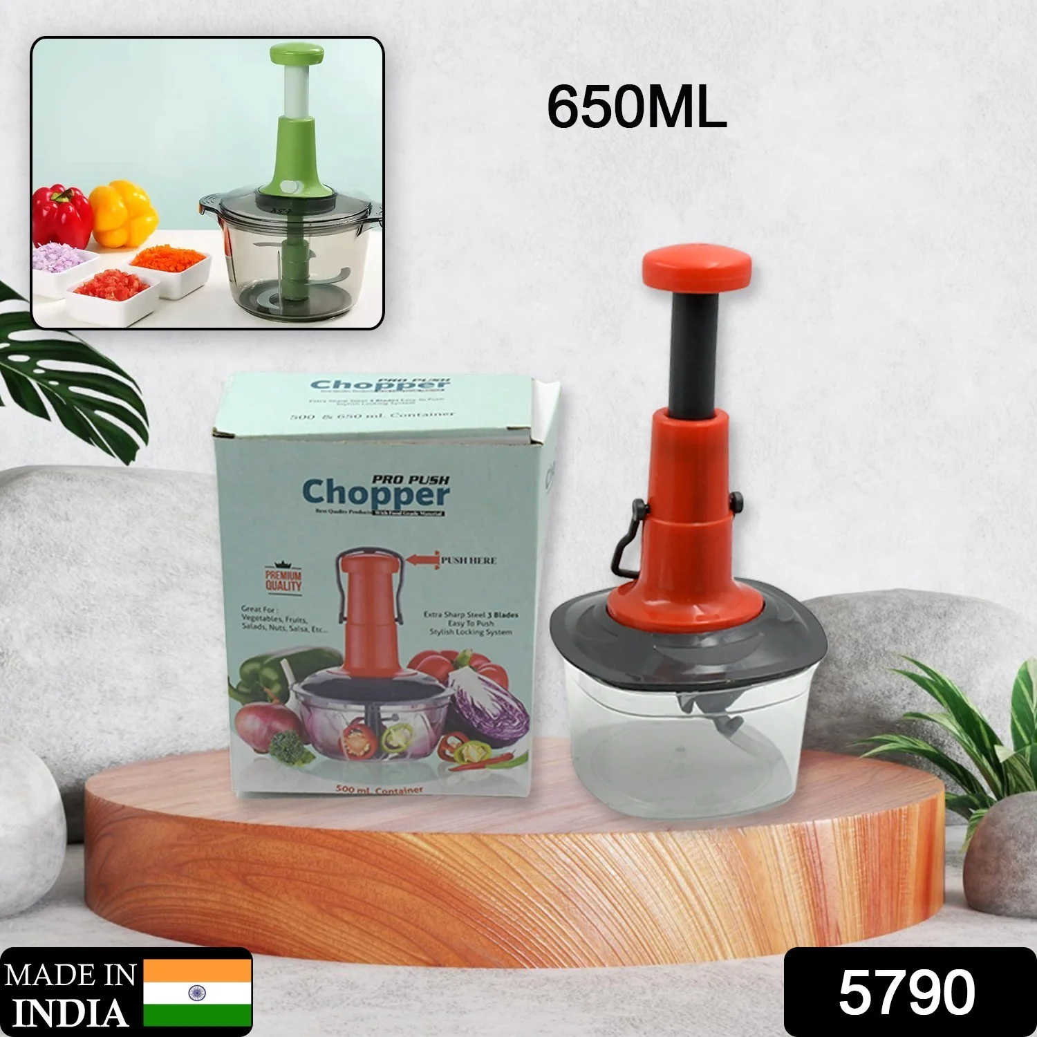 Manual Food Chopper (650ml): 3 Stainless Steel Blades, Locking System, Anti-Slip - Image 2