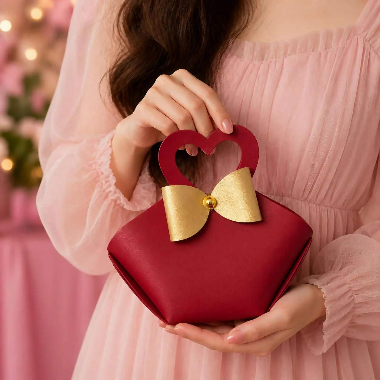 Maroon Mini Handbag with Heart Handle and Bow Compact Cute Purse - Image 2