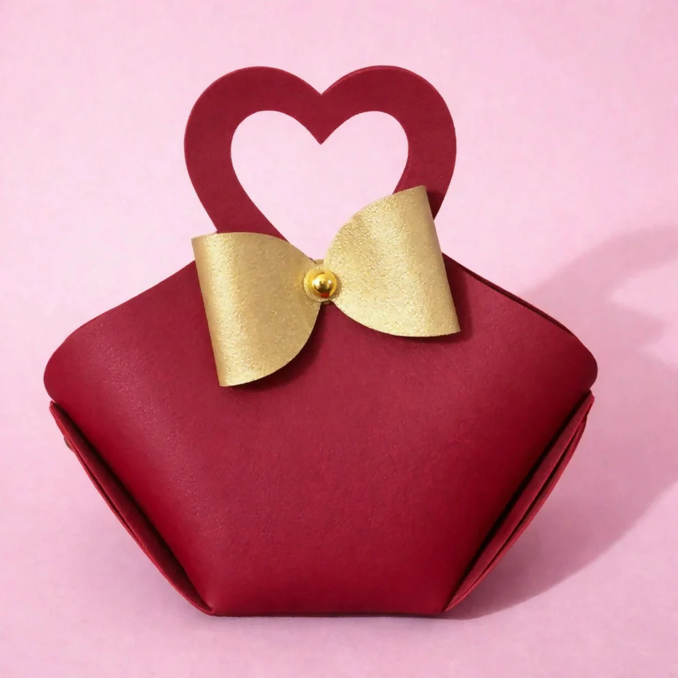 Maroon Mini Handbag with Heart Handle and Bow Compact Cute Purse - Image 3