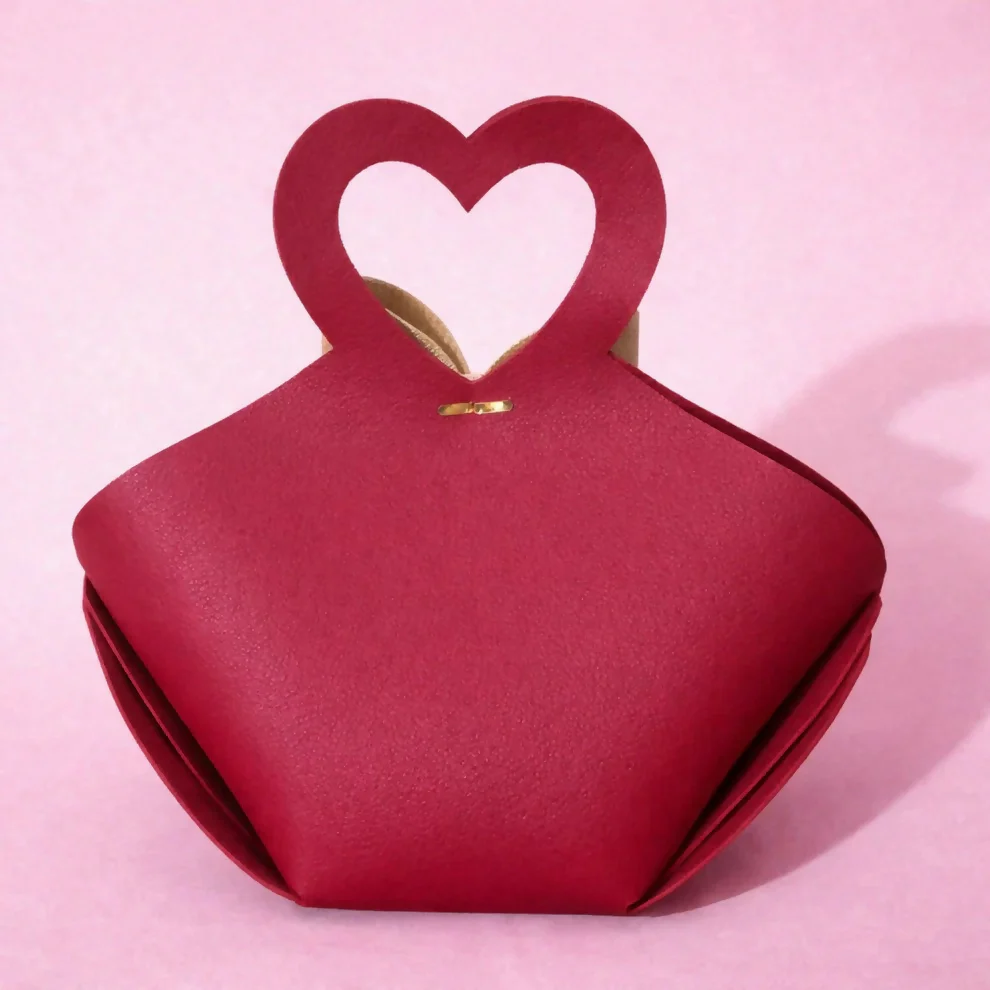 Maroon Mini Handbag with Heart Handle and Bow Compact Cute Purse - Image 4