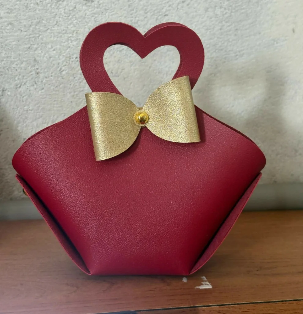 Maroon Mini Handbag with Heart Handle and Bow Compact Cute Purse - Image 6