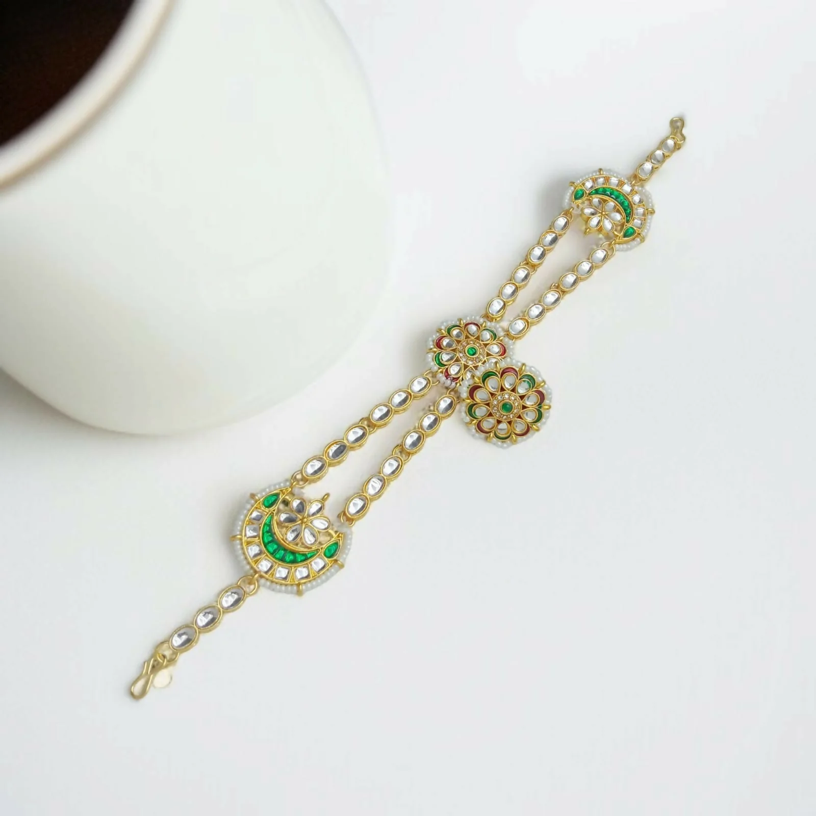 Gold-Plated Kundan Headpiece with Emerald Green Crescents(SHISHFUL) - Image 2