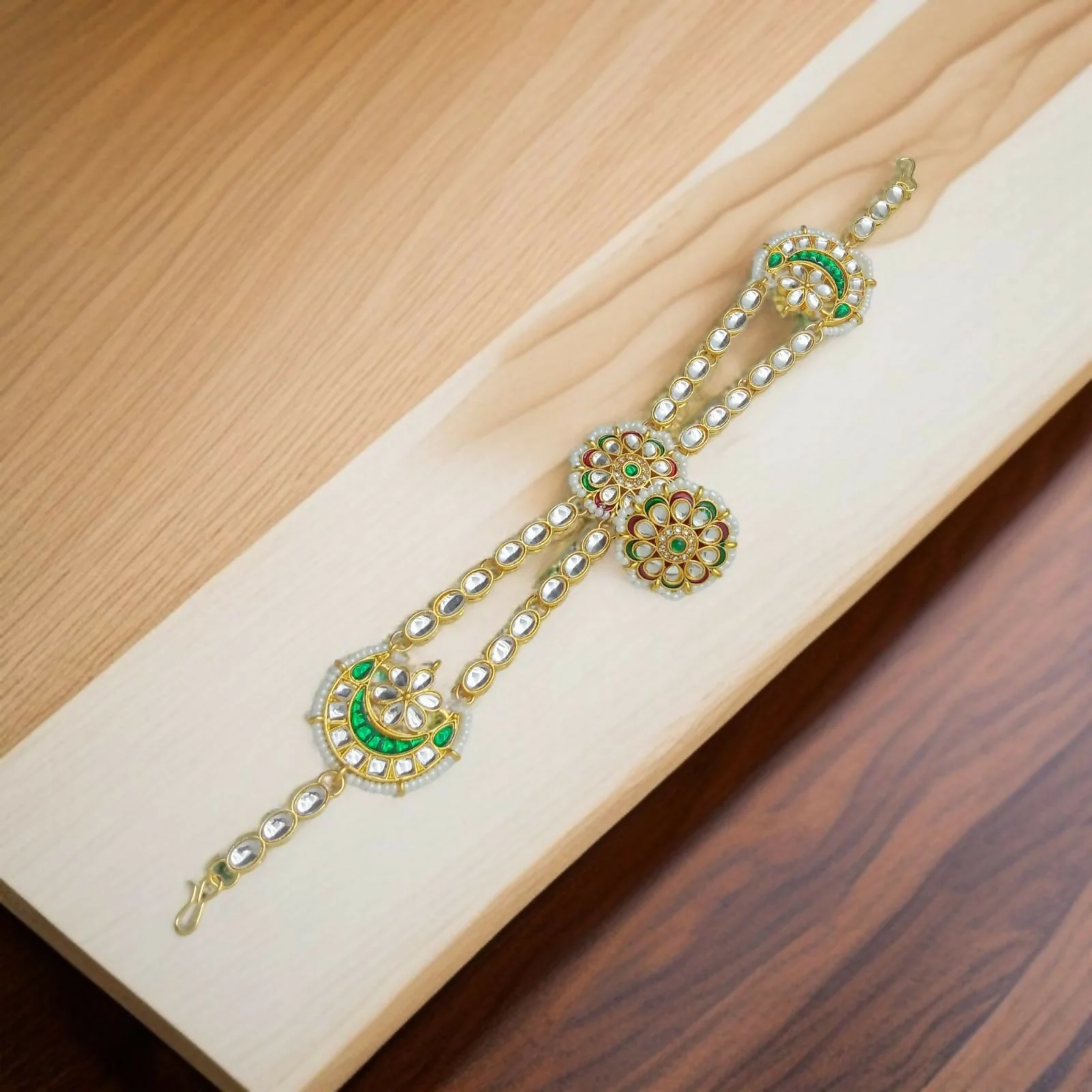 Gold-Plated Kundan Headpiece with Emerald Green Crescents(SHISHFUL) - Image 3