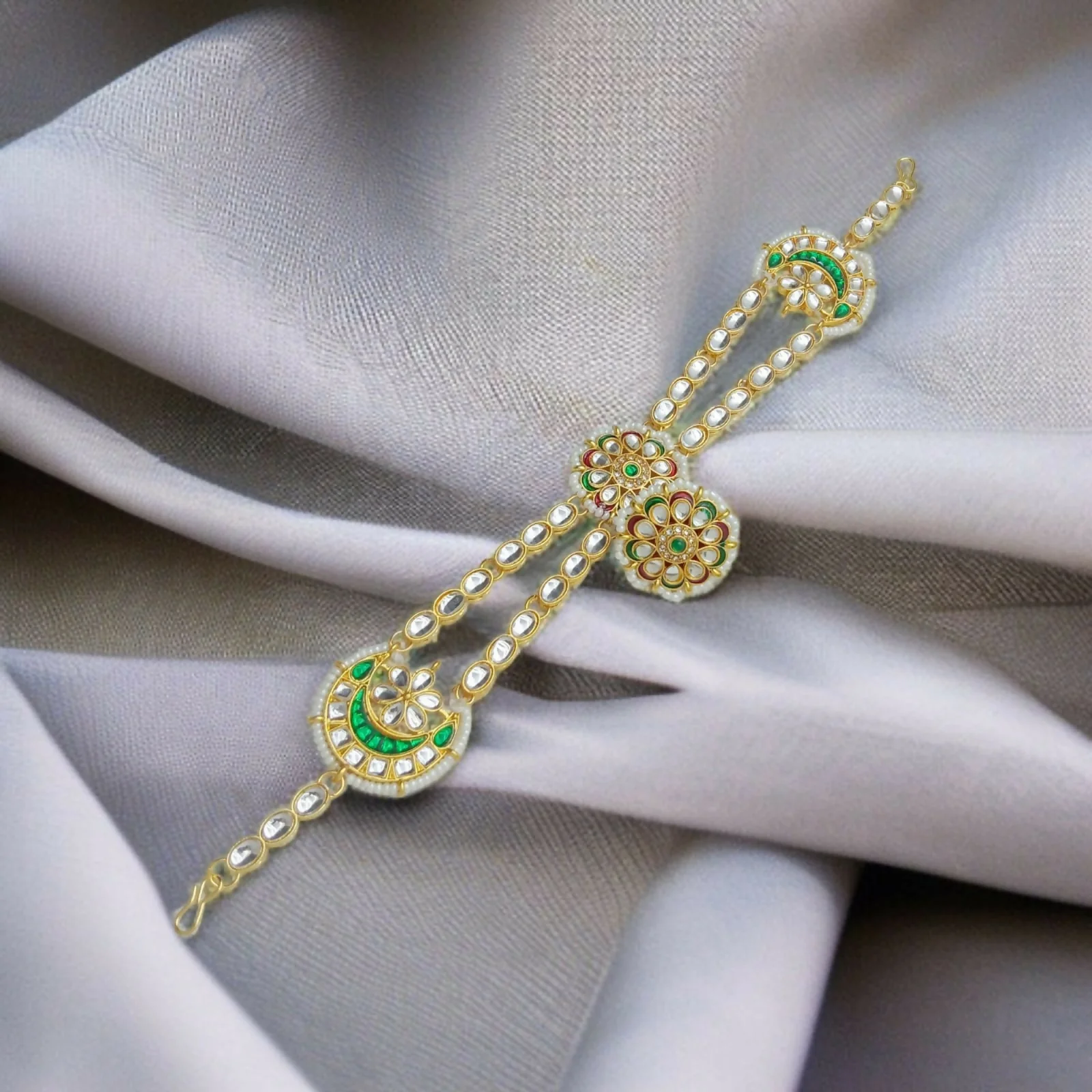 Gold-Plated Kundan Headpiece with Emerald Green Crescents(SHISHFUL) - Image 4