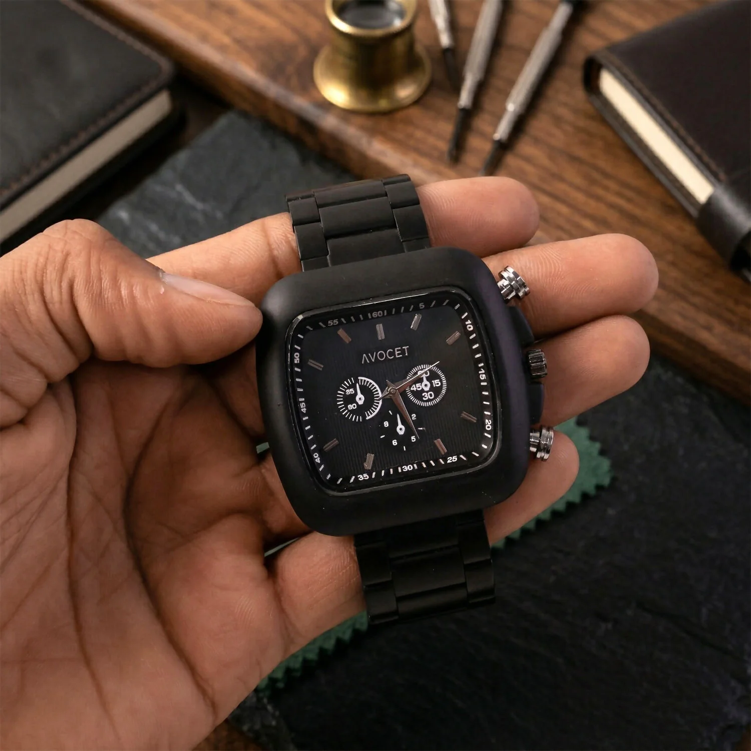 Matte Black Square Dial Metal Strap Analog Wrist Watch for Men - Image 2