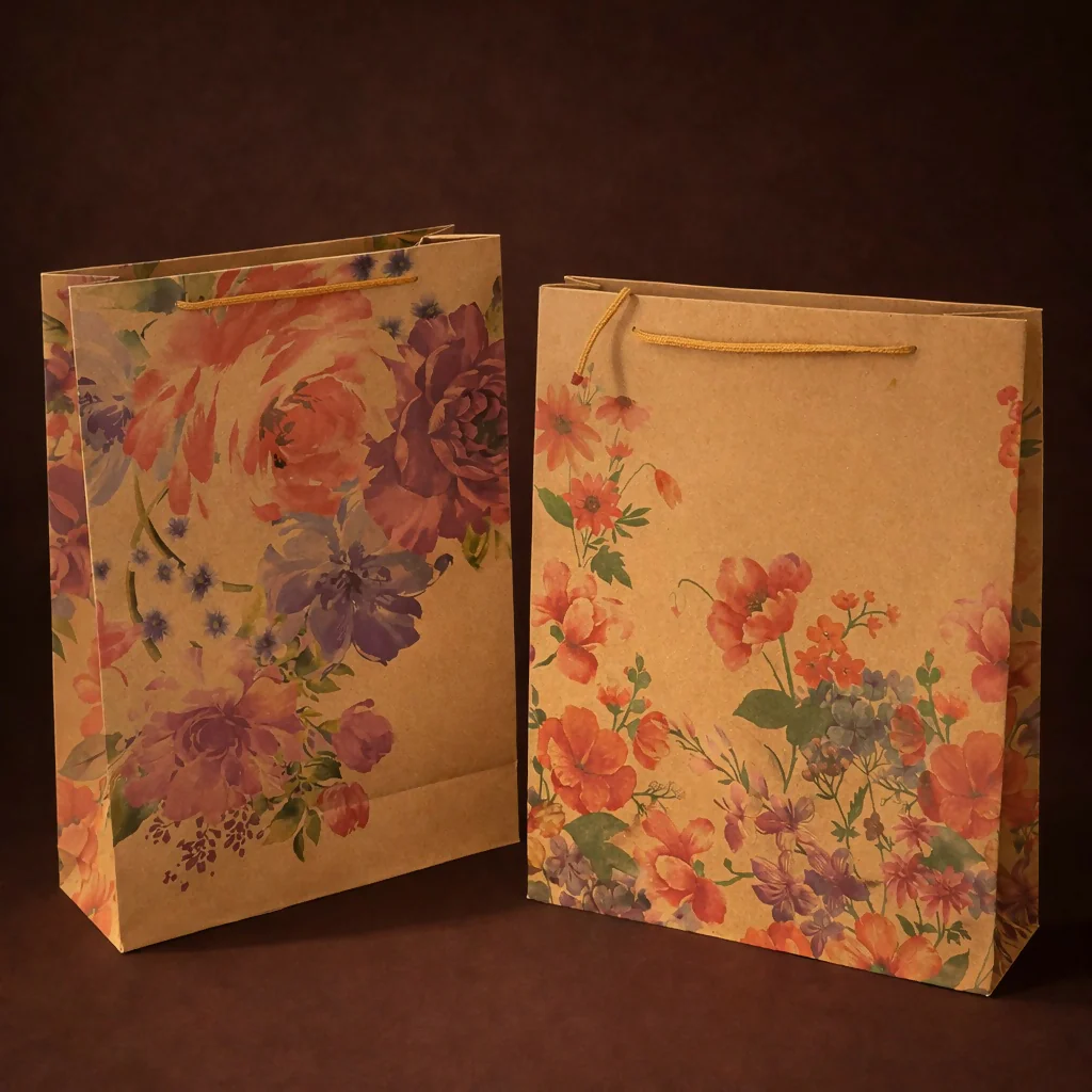 Medium Floral Printed Kraft Gift Bags with Handles Set of 4 - Image 3