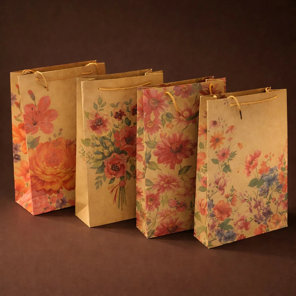 Medium Floral Printed Kraft Gift Bags with Handles Set of 4 - Image 4