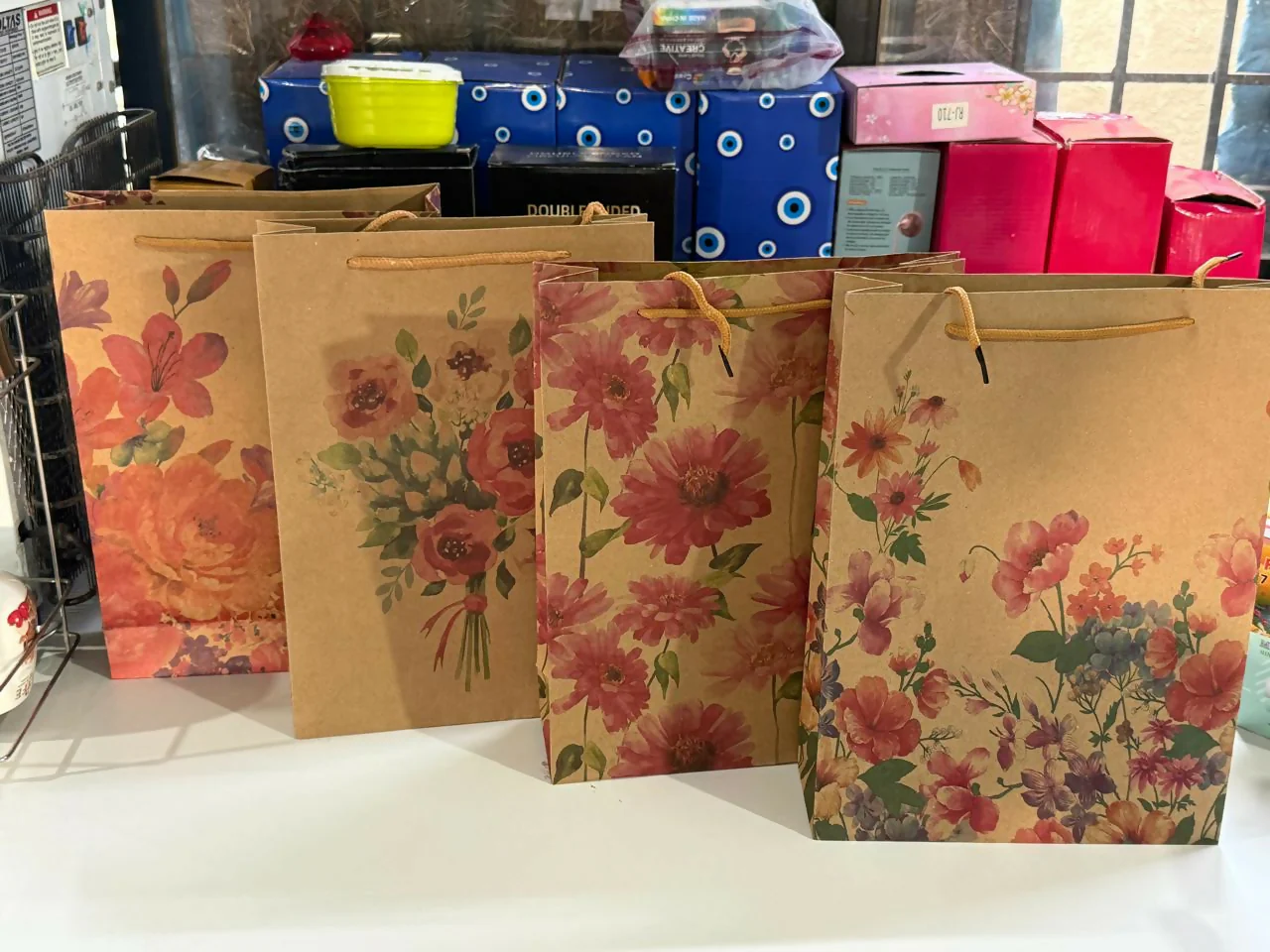 Medium Floral Printed Kraft Gift Bags with Handles Set of 4 - Image 5