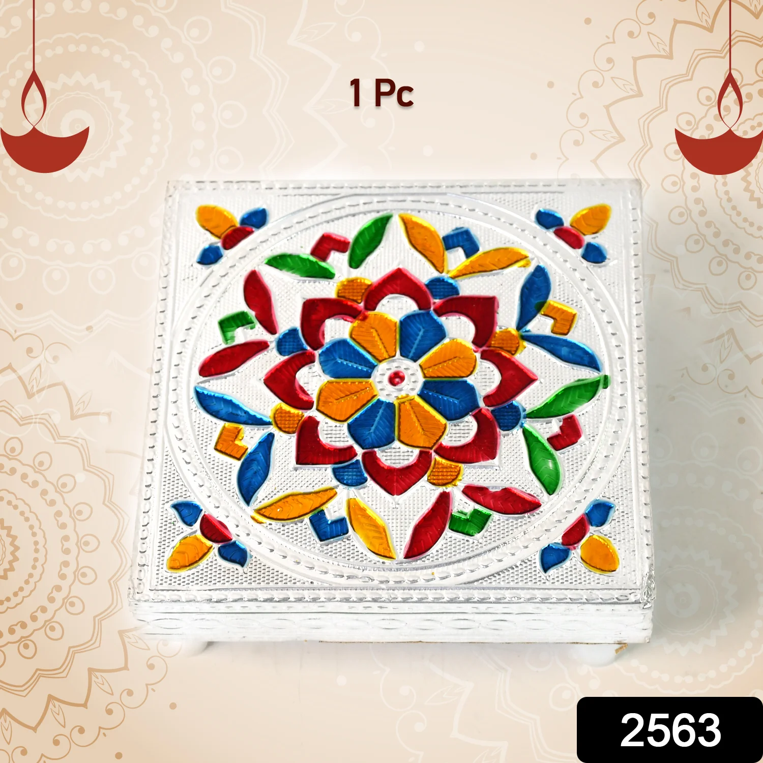 1 Pc Meenakari Wooden Chowki & Bajot Set: For Home & Office Puja (Multicolor) - Image 2