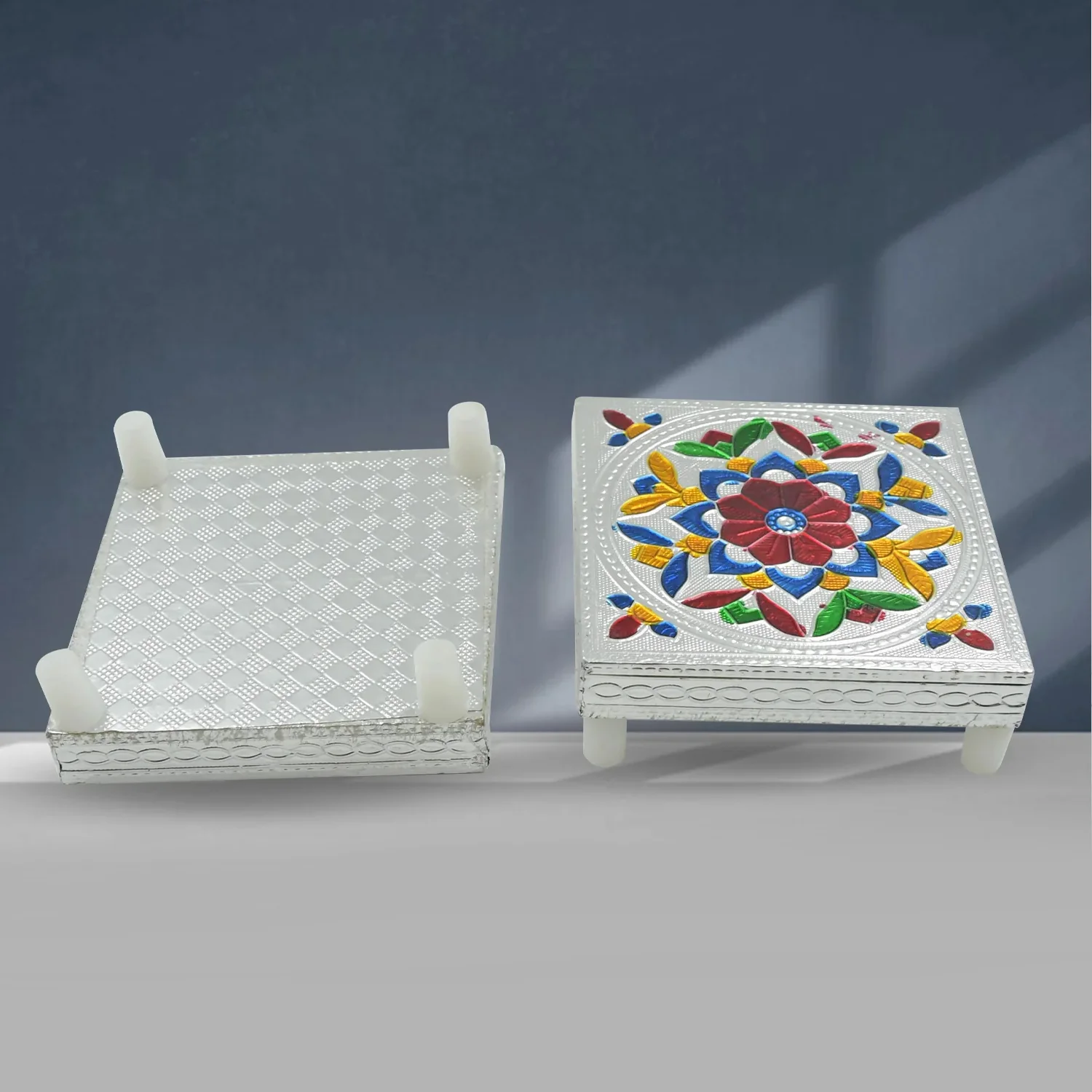 1 Pc Meenakari Wooden Chowki & Bajot Set: For Home & Office Puja (Multicolor) - Image 3