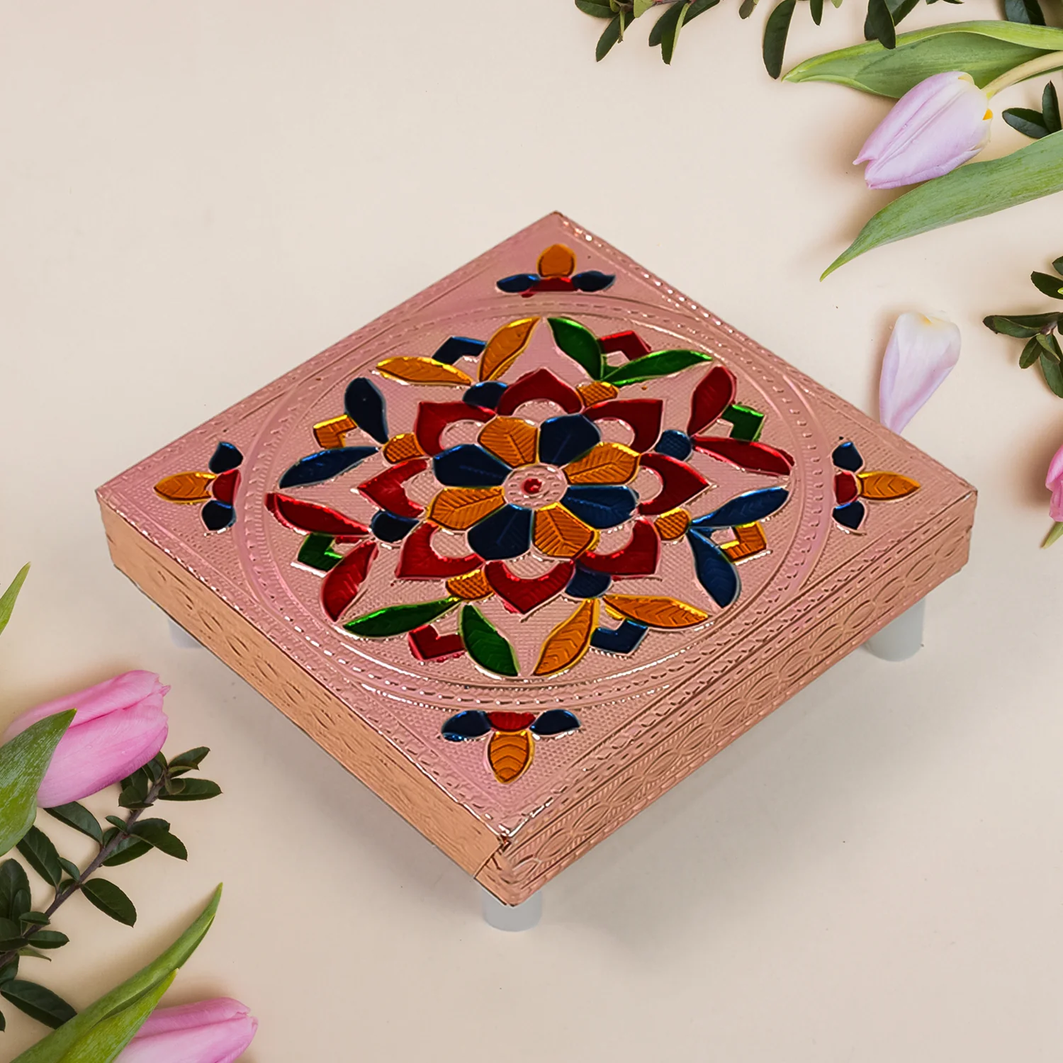 1 Pc Meenakari Wooden Chowki & Bajot Set: For Home & Office Puja (Multicolor) - Image 3