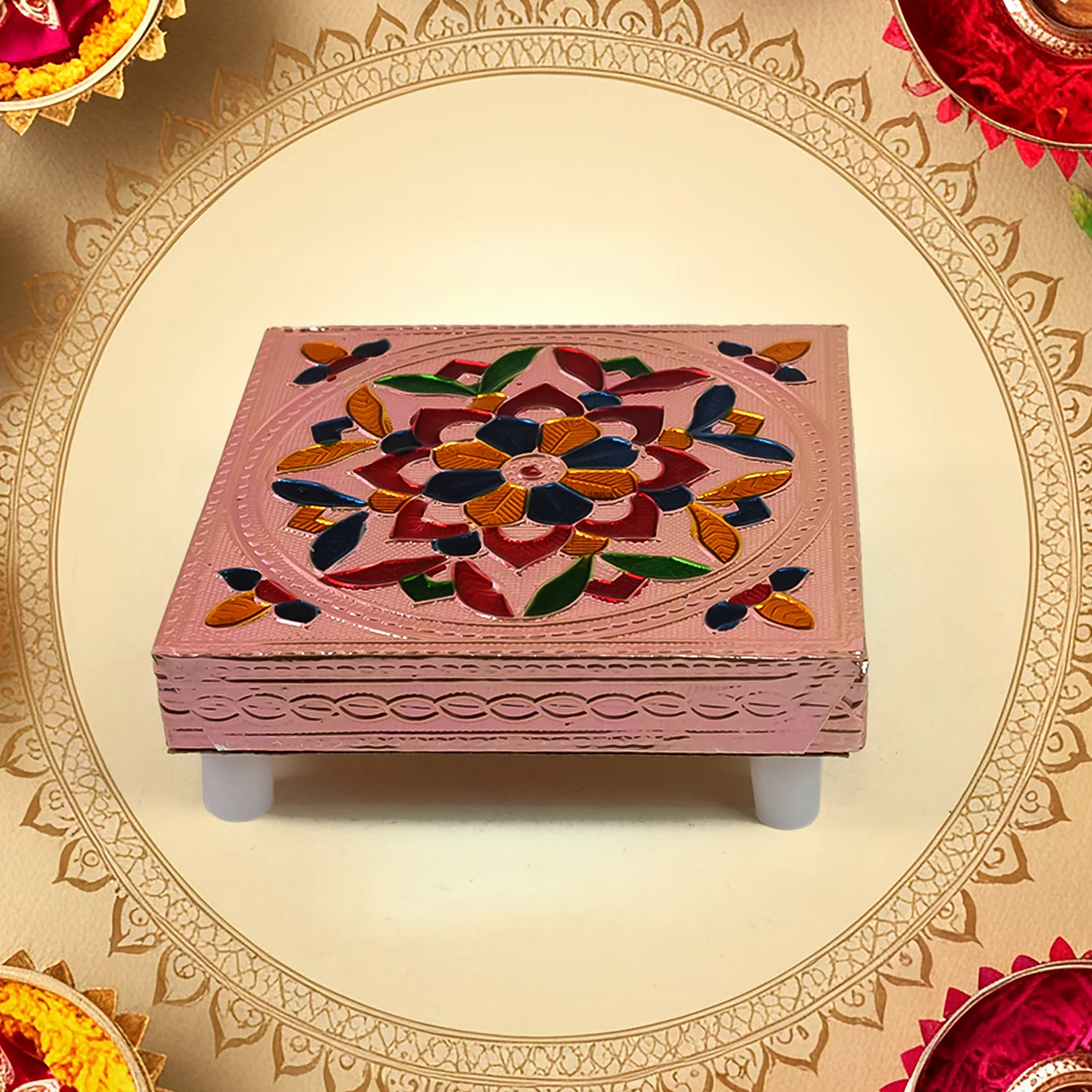 1 Pc Meenakari Wooden Chowki & Bajot Set: For Home & Office Puja (Multicolor) - Image 4
